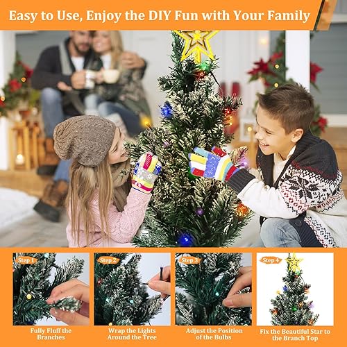 Miniatura 7 de Luces solares para camino para árbol de Navidad, paquete de 4 luces de árbol de Navidad flocadas con estrella para árbol, 80 luces LED solares de