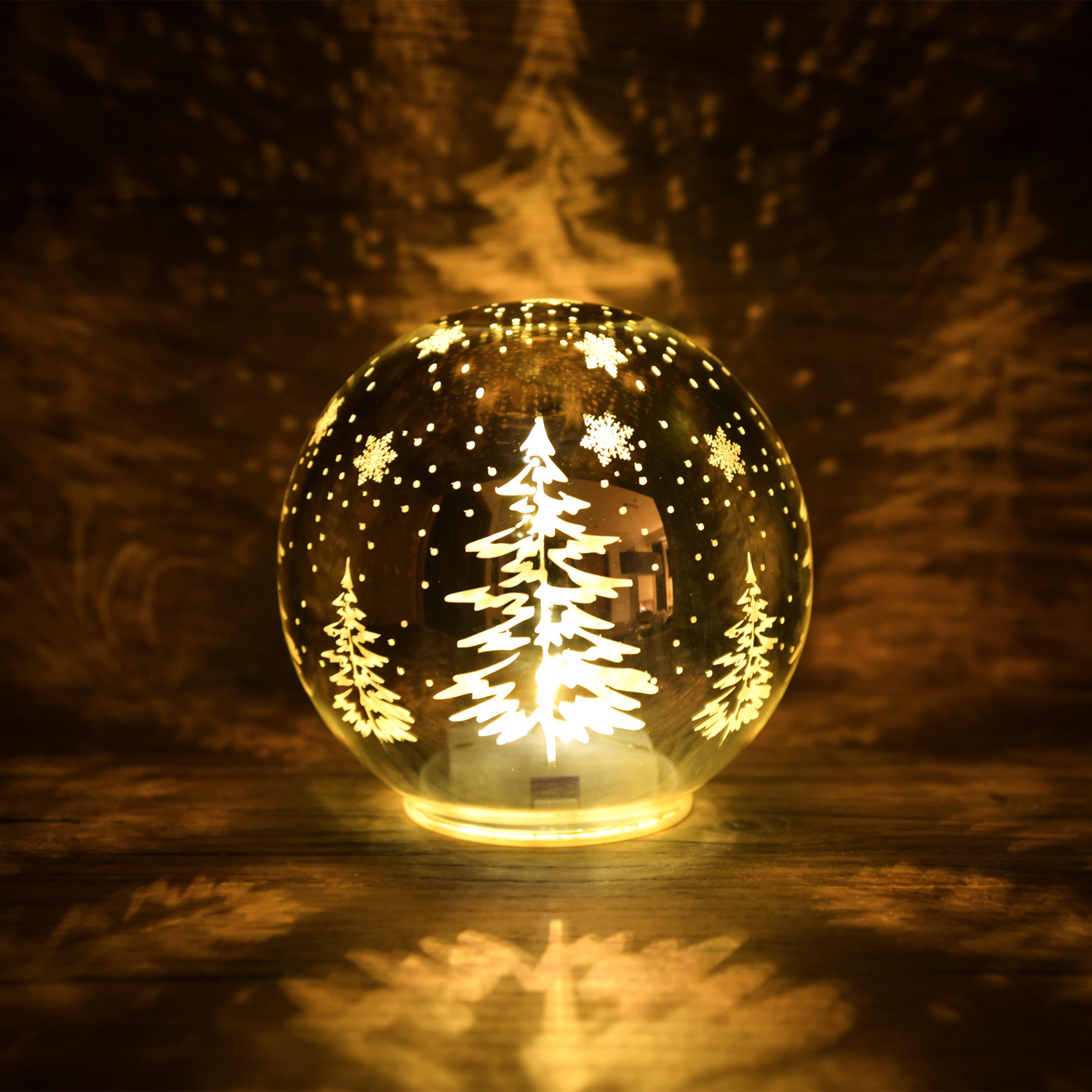 LED Deko Kugel Winterlandschaft im 3er Set - Ø 10 bis 15 cm - Weihnachts Tischdekoration warm weiß beleuchtet - Tisch Fenster Dekoration Schnee Winter Wald Batterie betrieben