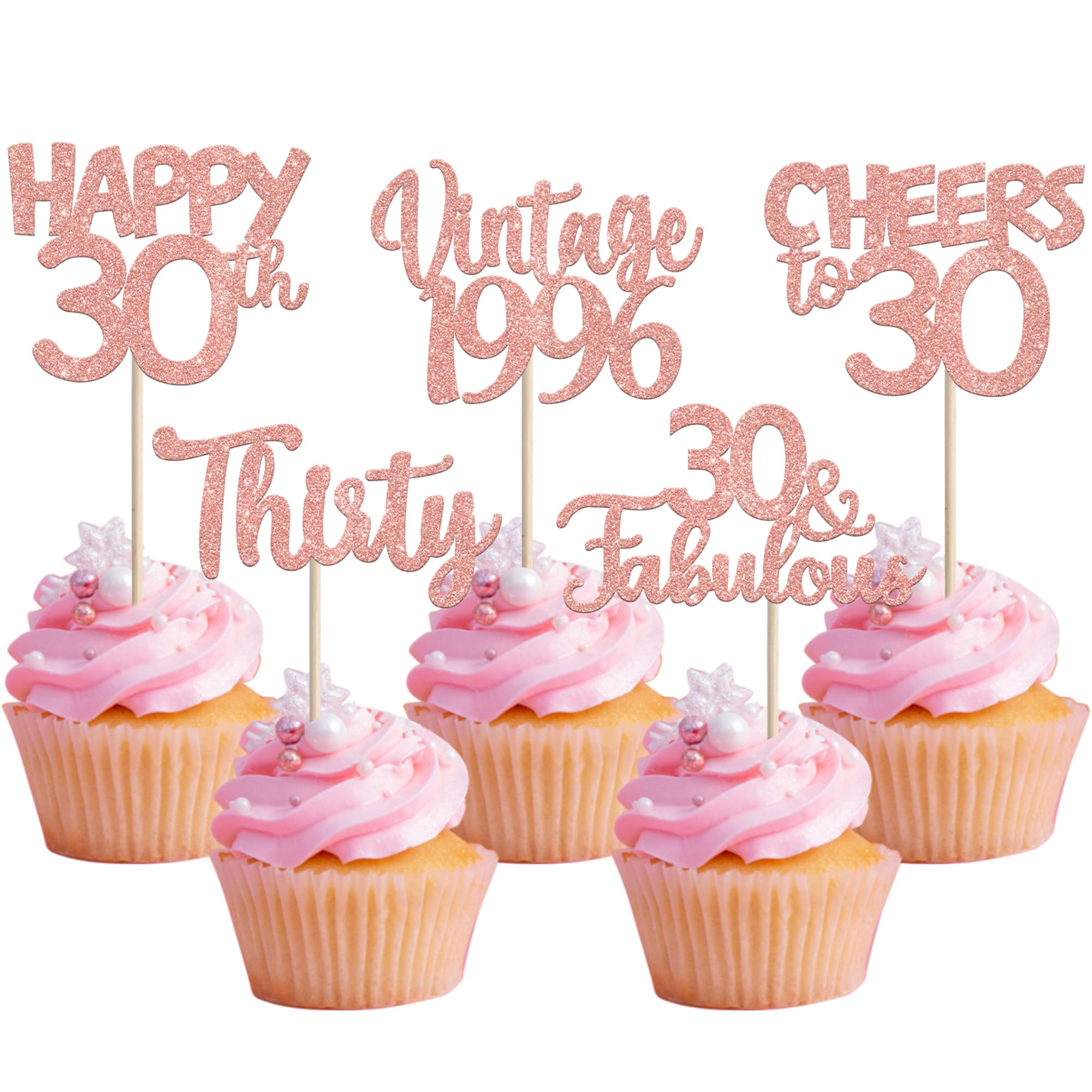 SYKYCTCY 30 Pack Happy 30th Birthday Cupcake Toppers Glitter Thirty Vintage 1996 Cupcake Picks Cheers to 30 Fabulous Cake Decorations for 30th Birthday Wedding Anniversary Party Supplies Rosegold