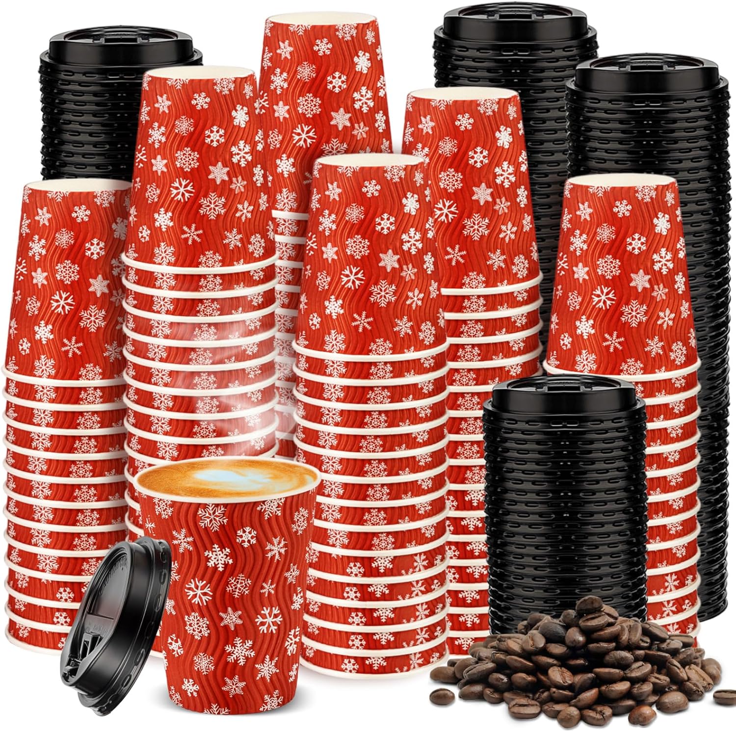 Maxcheck 100 Pcs Christmas Cups with Lid 12 oz Disposable Coffee Cup Bulk, Insulated Ripple Wall Paper Holiday Tea Cup for Chocolate Christmas Party Decoration(Elk and Snowflake Style)