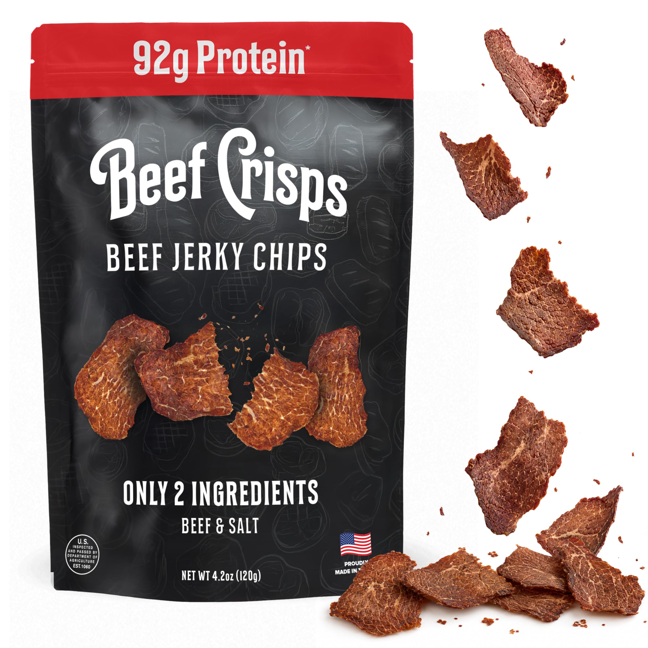 Beef Crisps by Bingeworthy Snacks - 2 Ingredients, Crispy Beef Chips 4.2oz | 23g protein, 120 calories per serving. Beef and