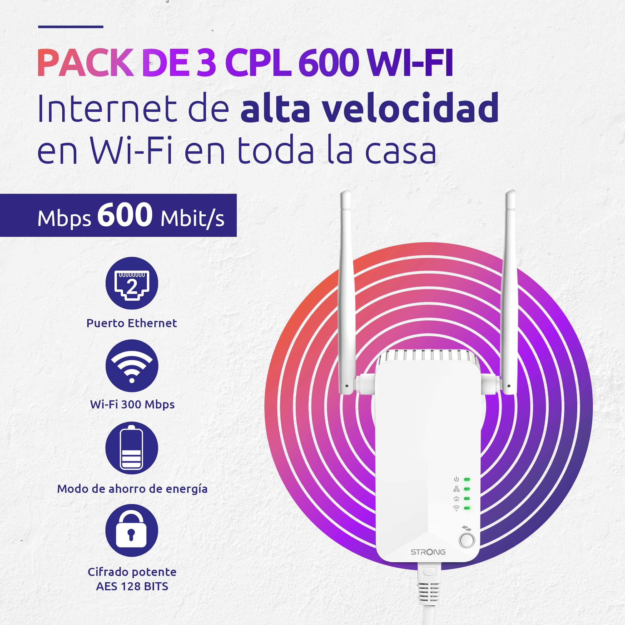 STRONG - Kit Powerline - Triple Toma PLC - PLC 600 Mbps + PLC WiFi 300 Mbps - Compatible Box/Router - 1 Puerto Ethernet + Enchufe Filtrado - Instalación Plug & Play - Alta Velocidad - Blanco