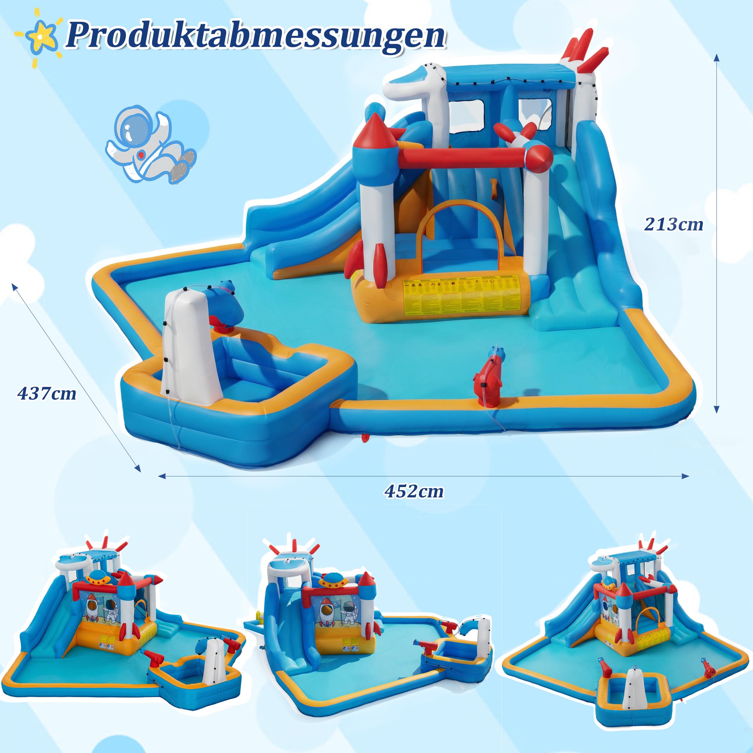 UEV Aufblasbarer 6-in-1 Hüpfburg XXL mit Gebläse 580W, Trocken-/Wasserrutsche, Wasserpark Groß for Indoor & Outdoor,Raketen-Thema, EN71-1/2/3, geeignet für Kinder von 3 bis 10 Jahren, 452x437x213cm