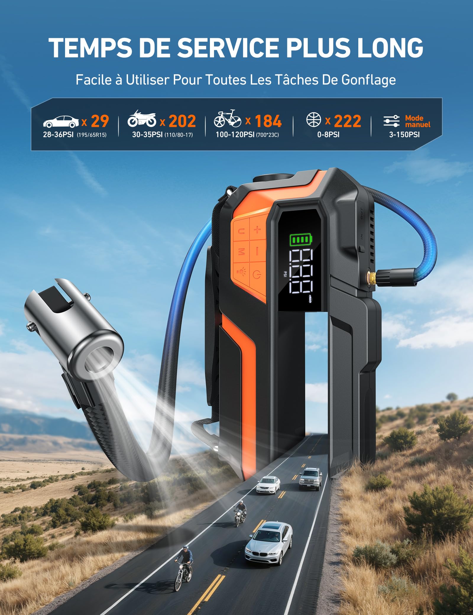 AstroAI Booster Batterie Voiture 6000A Démarreur avec Compresseur à Air | 150PSI 12V 10L Essence/8 L Diesel, Ecran LED Pinces de Sécurité Facilité d'Utilisation Compact pour Voitures Motos SUV Orange