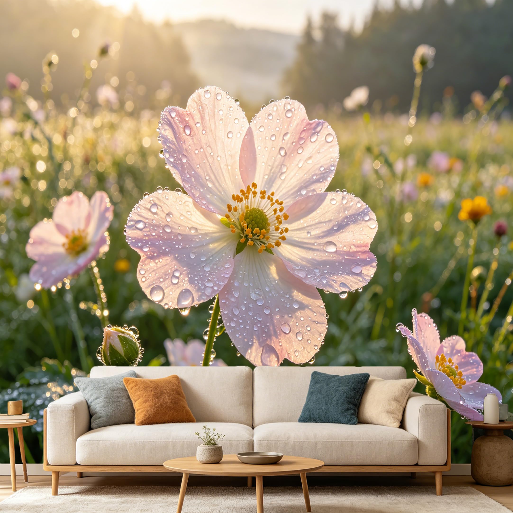 Custom Size Wall Mural Botanical Morning Dew Pink Flower Field SelfAdhesive Art Prints wall Fabric（No PVC） Removable Wallpaper Home Bedroom Decor