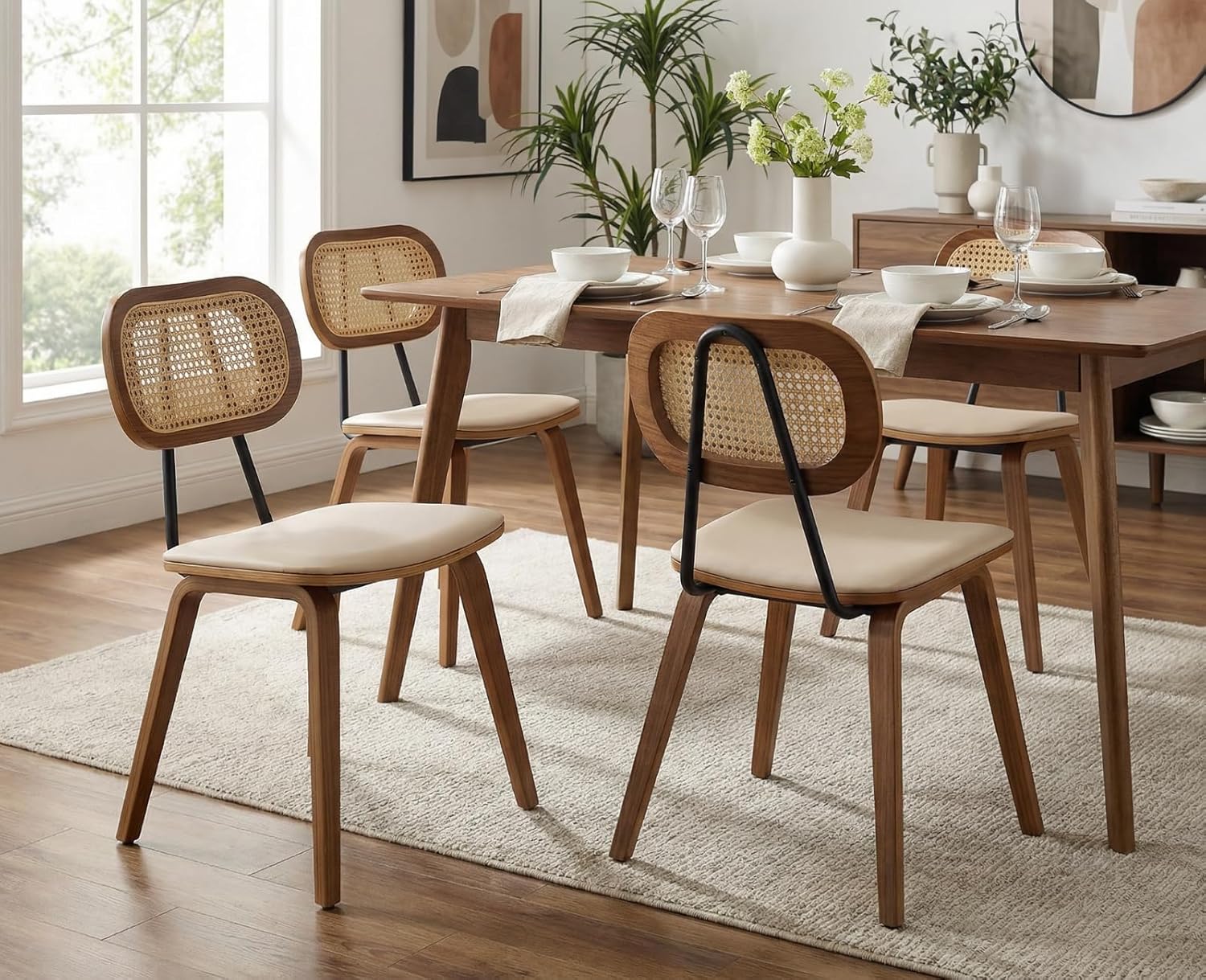 Ya-Home Mid-Century Dining Chairs Set of 6, PU Leather Kitchen Chairs with Rattan Backrest Wooden Legs Armless Design for Dining Room Living Room, Beige