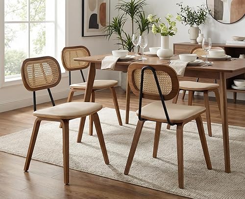 Juego de 4 sillas de comedor Mid-Century de piel sintética con respaldo de ratán, patas de madera, diseño sin brazos para comedor, sala de estar,