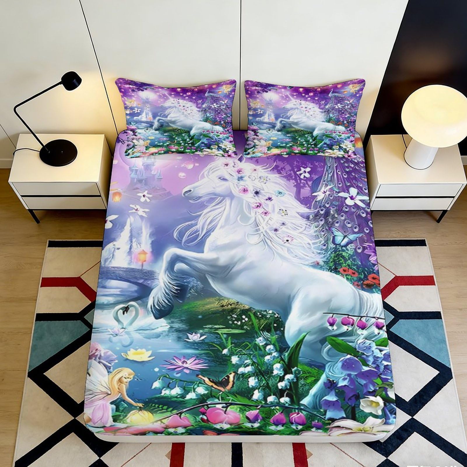 Pnayamiorkfel Style-1 3D Printed Magical Unicorn Fitted Sheet Microfiber Soft Fantasy Wonderland Mattress Cover For Bedroom Dorm Decor 90X200x25cm