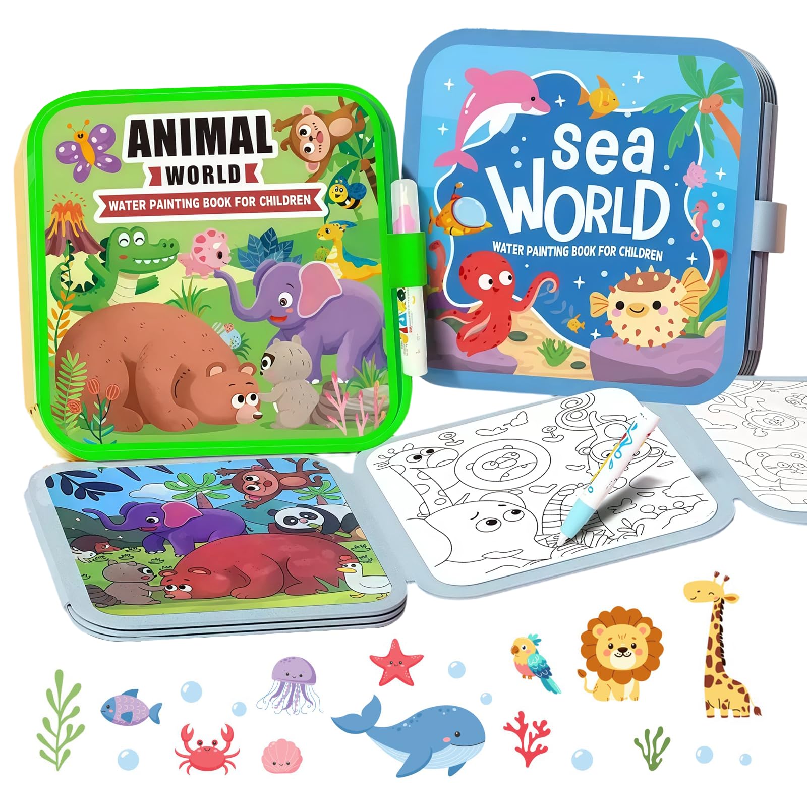 2 Pcs Mess Free Water Painting Books, Animal and Marine Themes Reusable Water Coloring Book with Pen