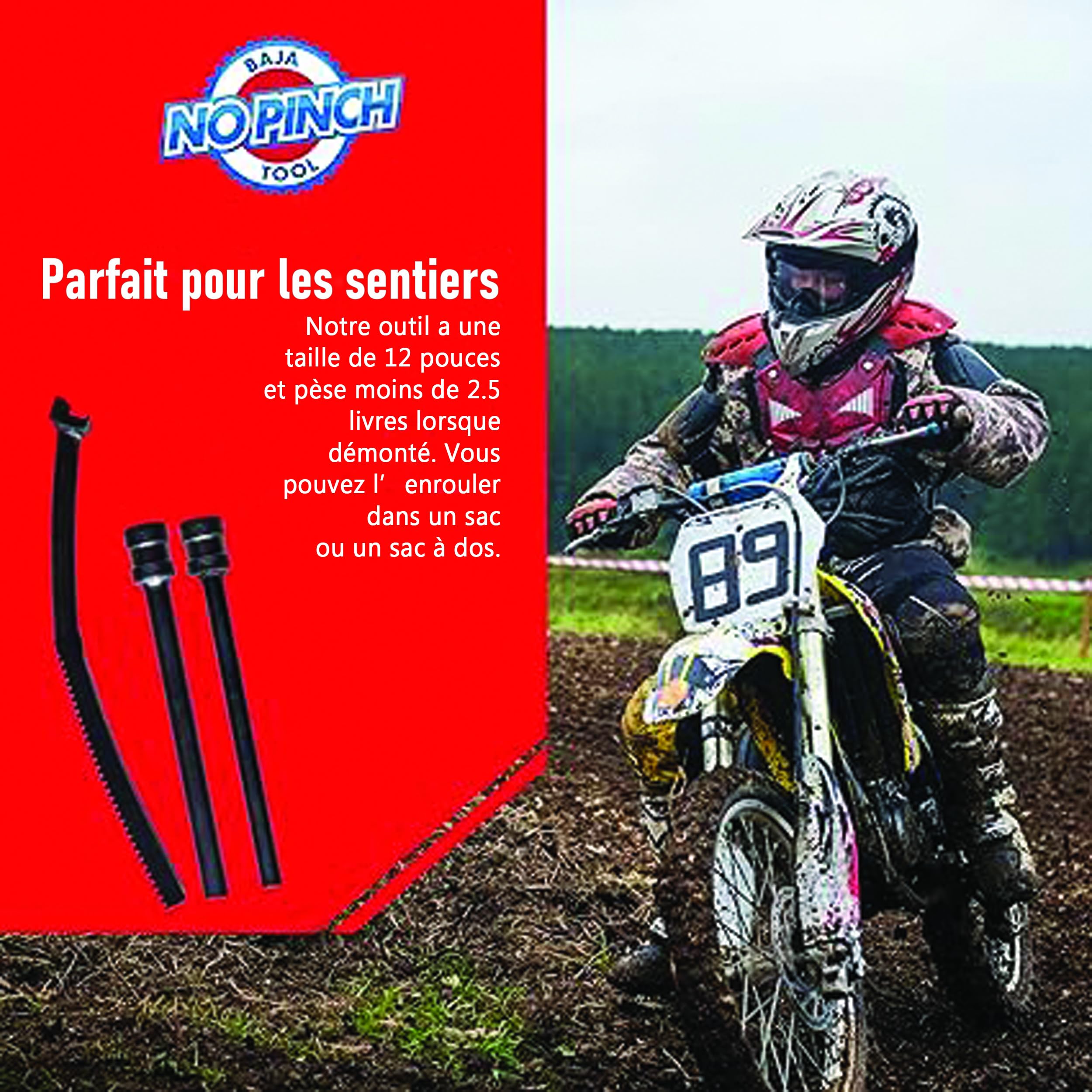 Baja No Pinch Minicross Kit Outils de changement de pneus de moto tout-terrain–Kit d'accessoires comprenant un mini poussoir, des axes de 10 mm et 12 mm pour un montage rapide des pneus–Pour 10" à 14"