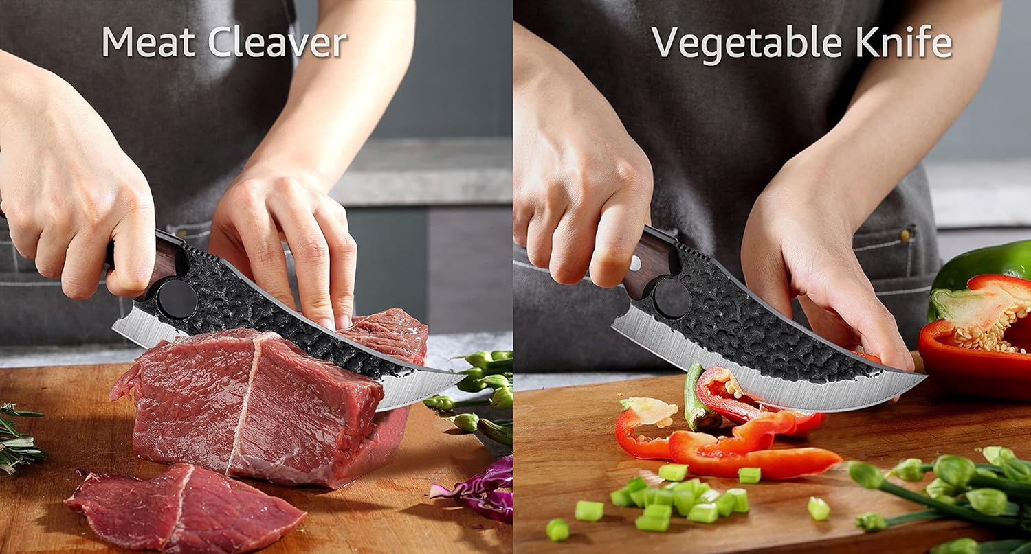 TOMBRO Huusk Knife Forged Viking Knives Sharp Boning knife, Handmade Caveman Knife, High Carbon Steel Butcher Knives with Sheath, Japanese Chef Knife for Kitchen, Camping