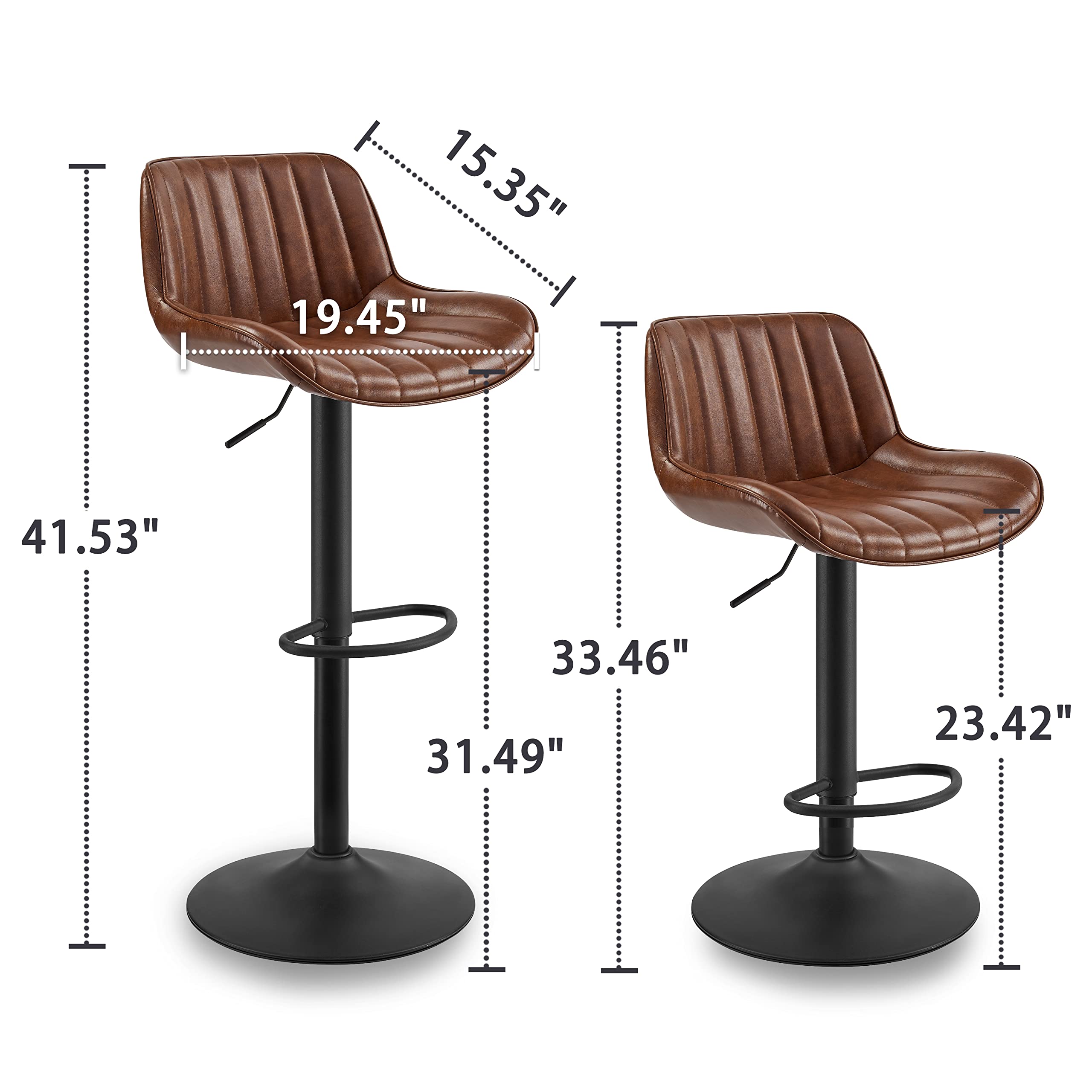 Volans Bar Stools Set of 2, Mid Century Modern Faux Leather Swivel Barstools Adjustable Height, Counter Height Pub Bar Chair with Back, Black Powder Coated Base, Cognac