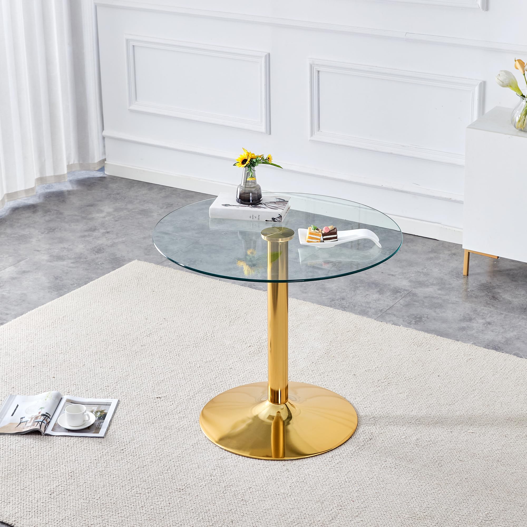 Runder Esstisch 85 cm Durchmesser, Küchentisch mit Glasplatte und Metallbeinen, Moderner Glastisch, runder Bistrotisch, stabiles Sicherheitsglas, Pflegeleichte Glasoberfläche, Gold