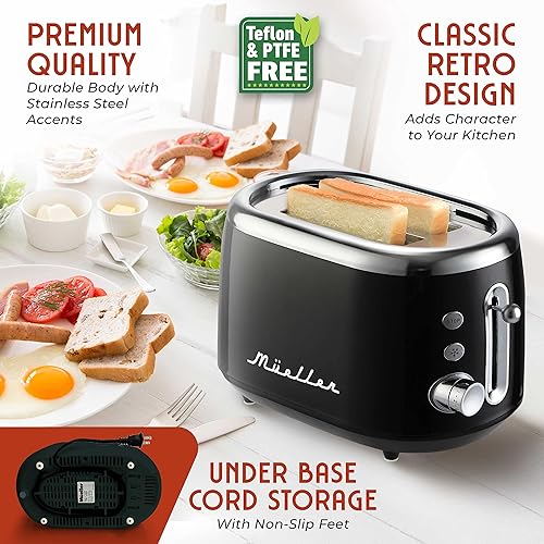 Miniatura 5 de MÜELLERHOME Tostadora retro de 2 rebanadas, 7 niveles de bronceado, 3 funciones (recalentar, descongelar, cancelar), características de acero