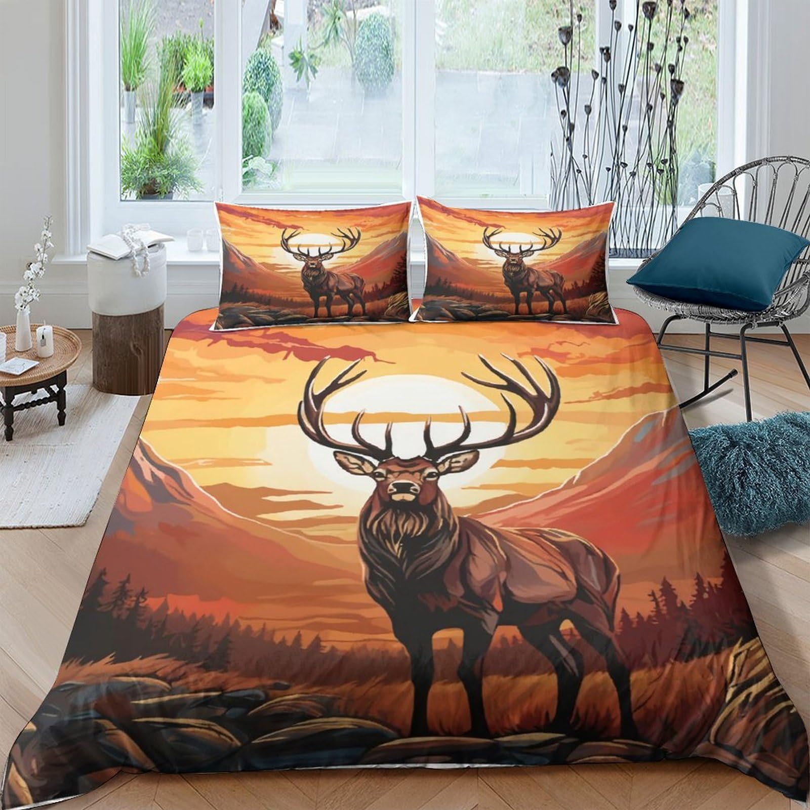 Ctjqhvkz Style-9 3D Printed Sunset Forest Stag Fitted Sheet Microfiber Soft Anti-Slip Deer Mountain Bed Cover For Bedroom Home Decor Single（135X200cm）