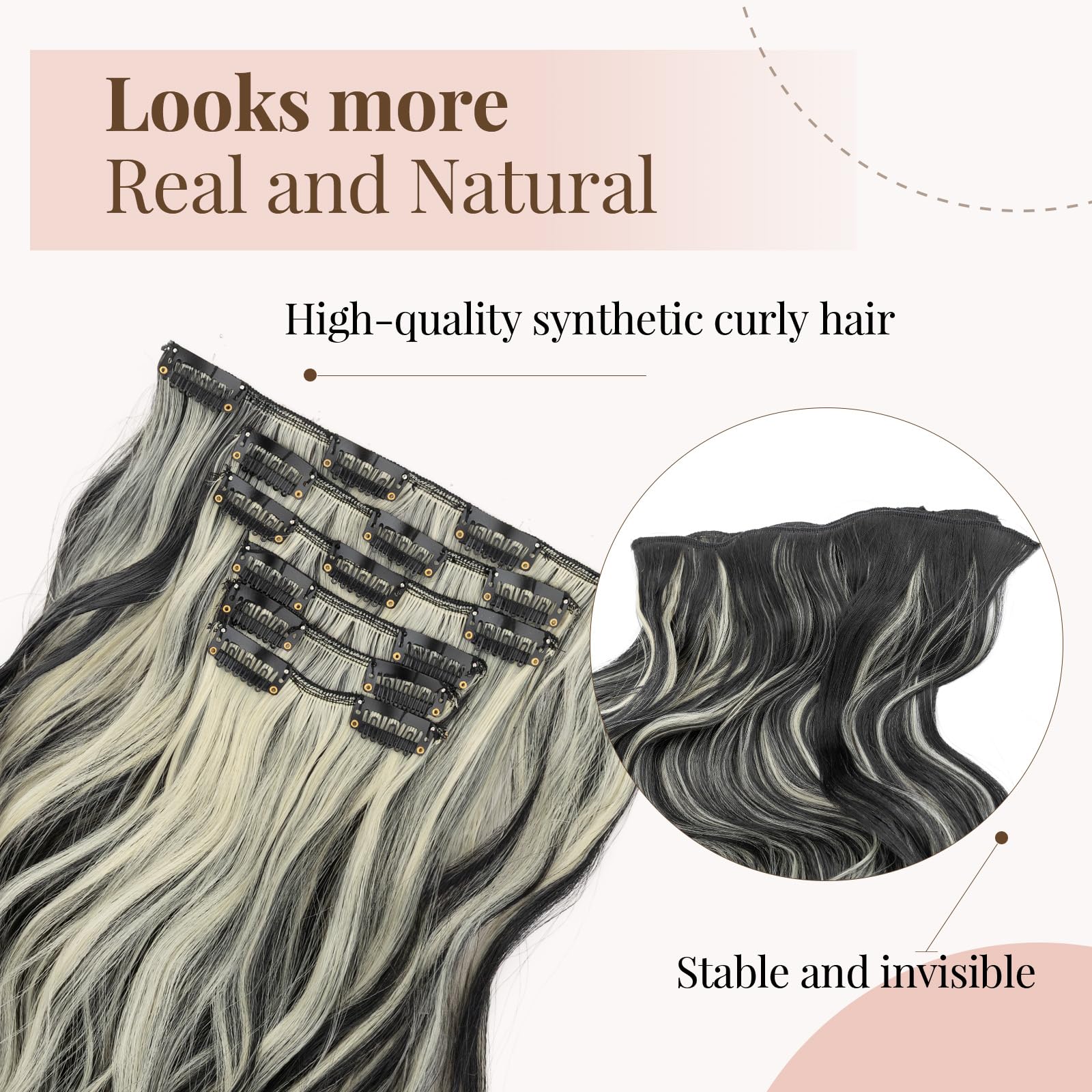 TESS Blonde Curly Hair Extensions Clip in 22 Inch 6PCS 16 Clips Heat Resistant Synthetic Wig Tangle-Free Double Weft Hair Pieces for Women UK 150g #1BH613 Balayage Natural Black & Bleached Blonde - Image 2
