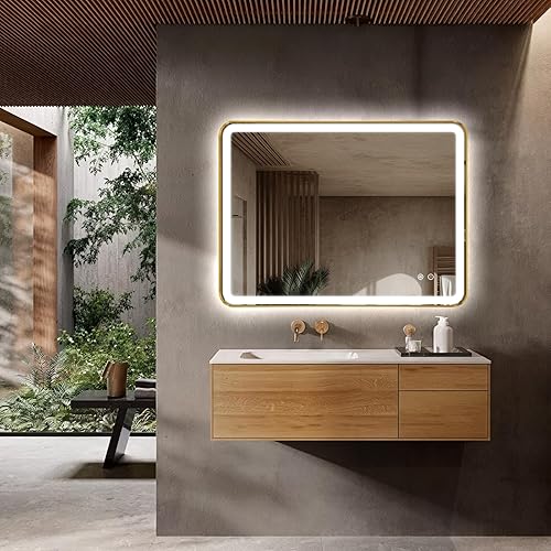 Espejo de baño LED rectangular, 40 x 30 pulgadas, antiempañamiento, doble tacto, iluminado, espejo de tocador de pared con marco de metal biselado