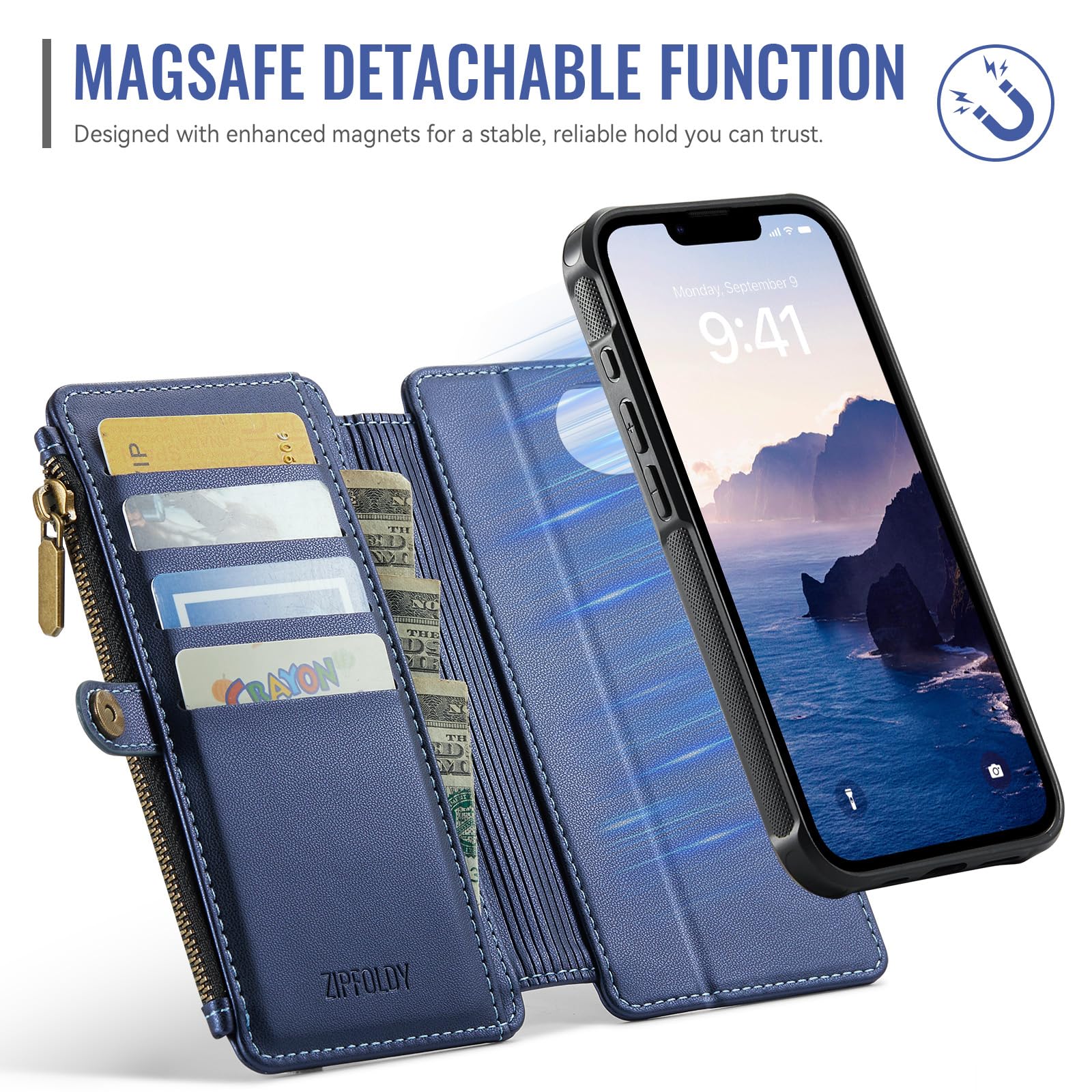 Per iPhone 16E - Custodia a portafoglio magnetica staccabile, blu | Compatibile con Magsafe, porta carte di credito con blocco RFID, tasca con cerniera, cinturino da polso