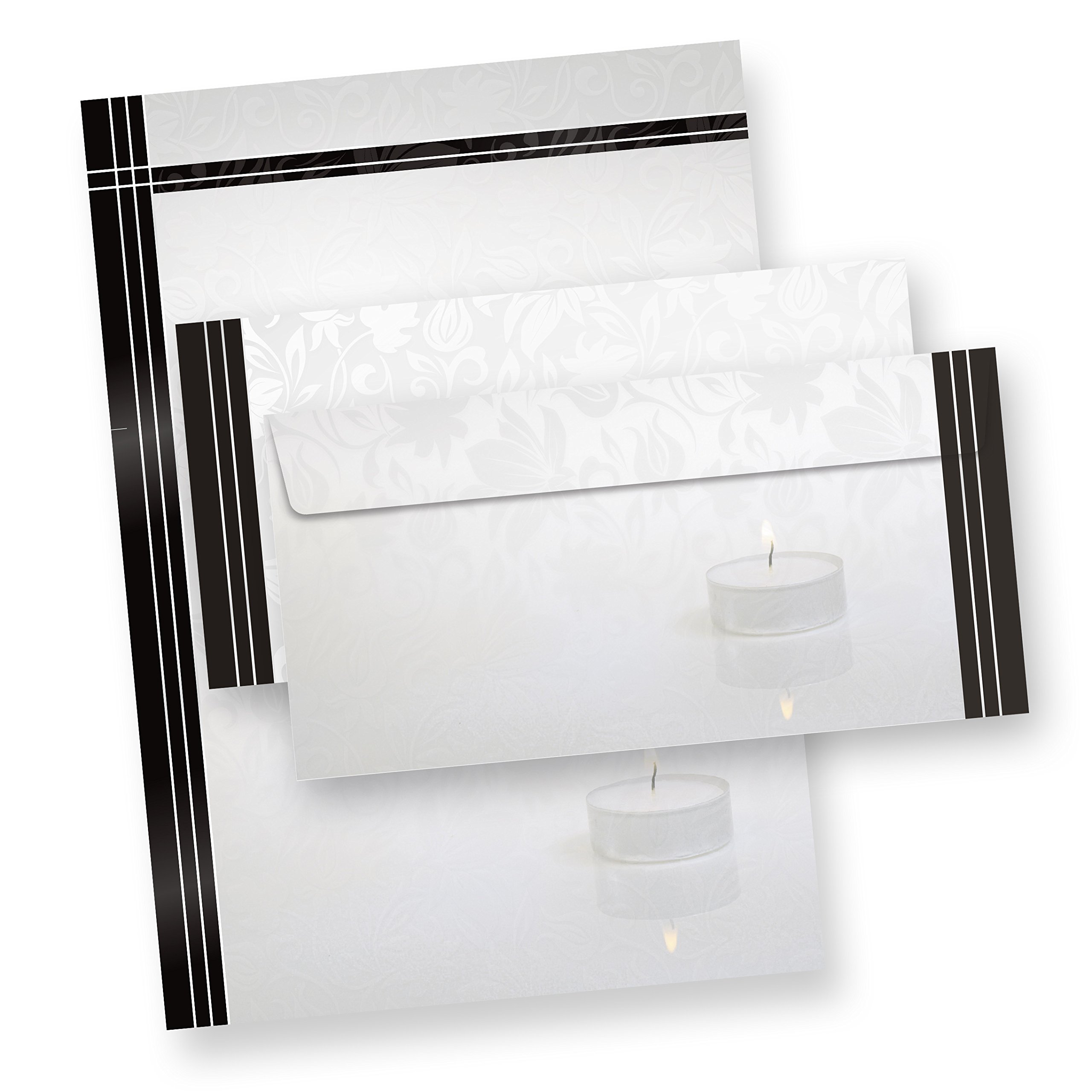 TATMOTIVE Trauer-Briefpapier 250 Sets mit Umschlägen ohne Fenster | DIN A4, 90g/qm, beidseitig bedrucktes Motivpapier, DIN lang, selbstklebend mit Haftstreifen