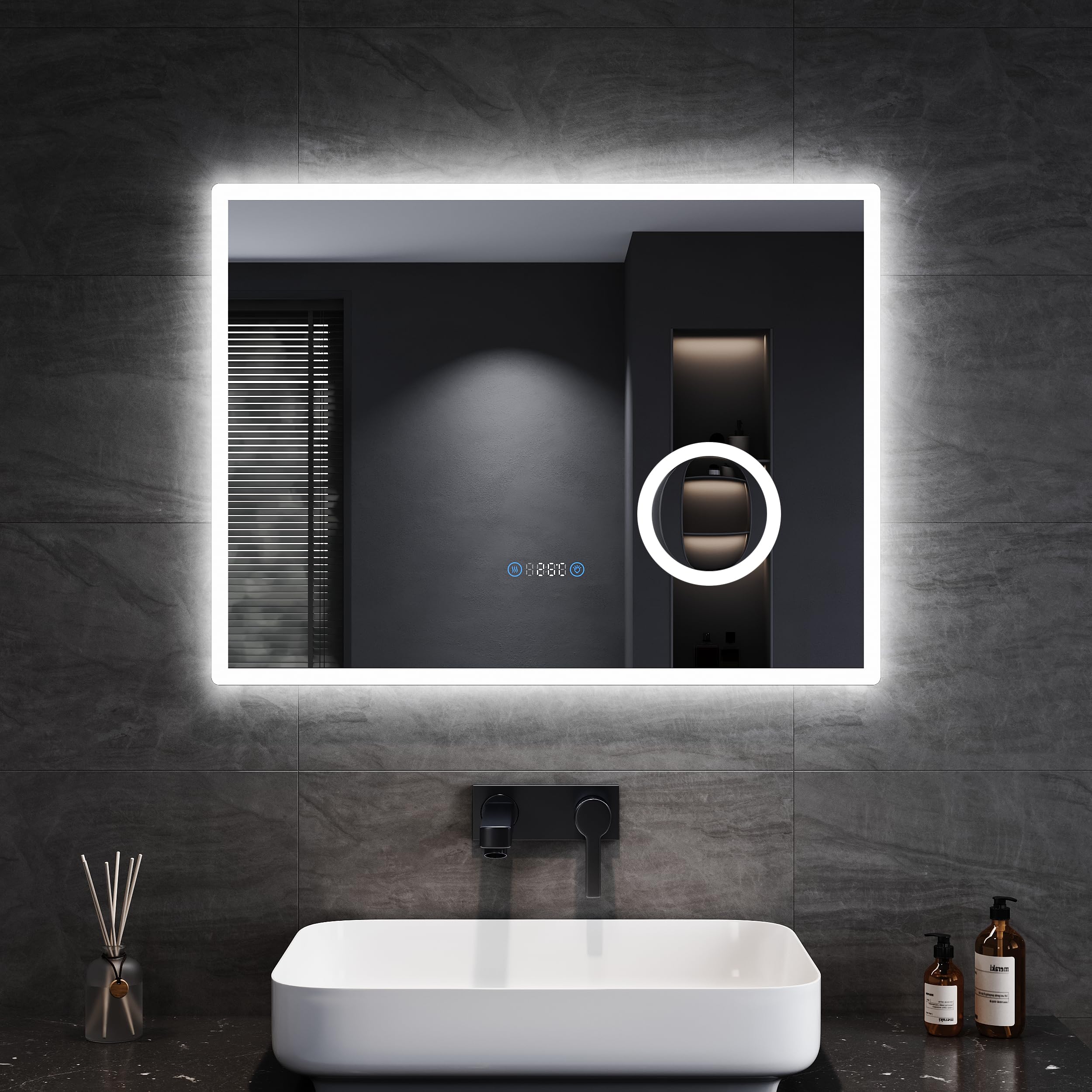 SONNI Specchio da Bagno a LED con Illuminazione, Specchio Con Luci 80 x 60cm Con illuminazione, Funzione Tri-colore Dimmerabile e Infinitamente Dimmerabile con Triplo Ingrandimento