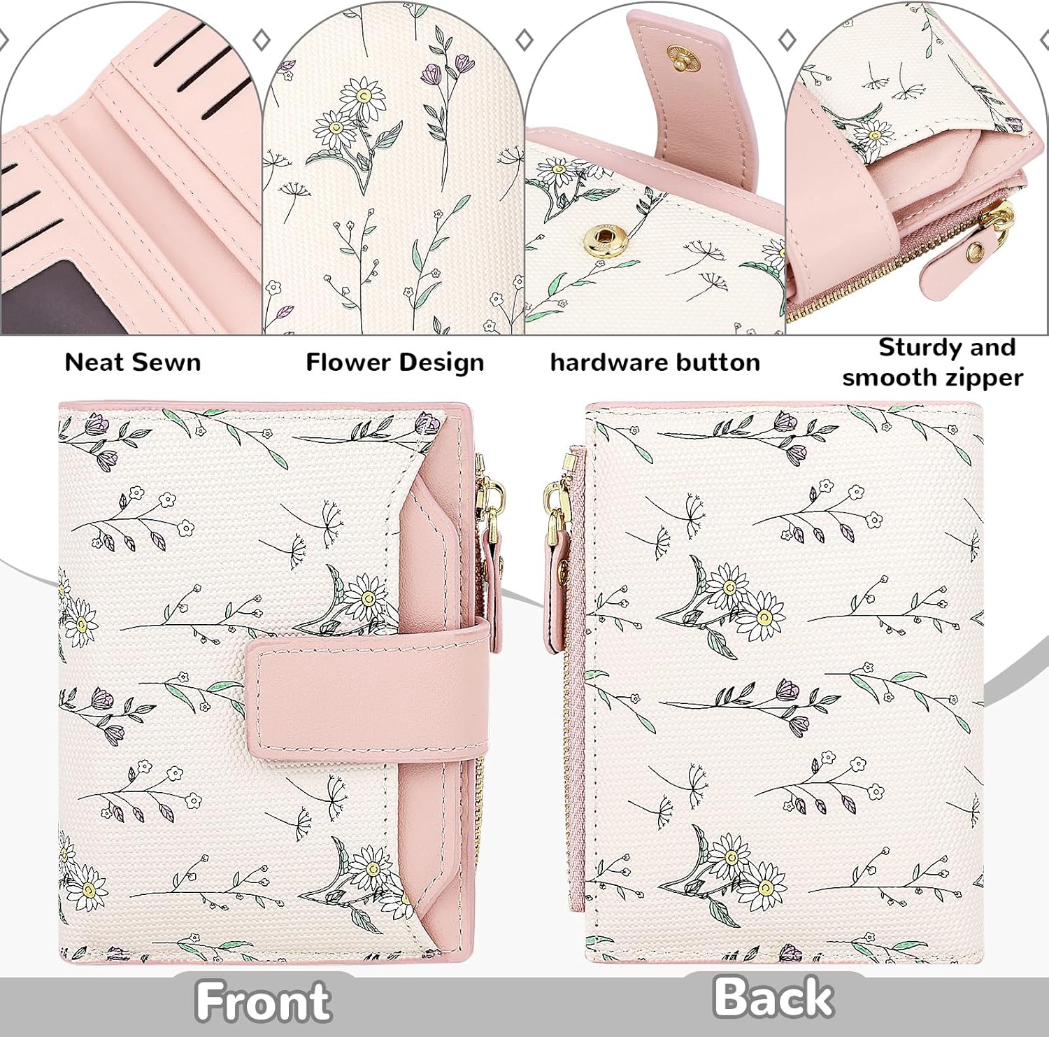 Women's Wallet Small Wallets for Women Cute Flower Ladies Women's Wallets Pink Bifold Wallet Womens With Zipper Coin Pocket Purses Card Holder Women - Image 2
