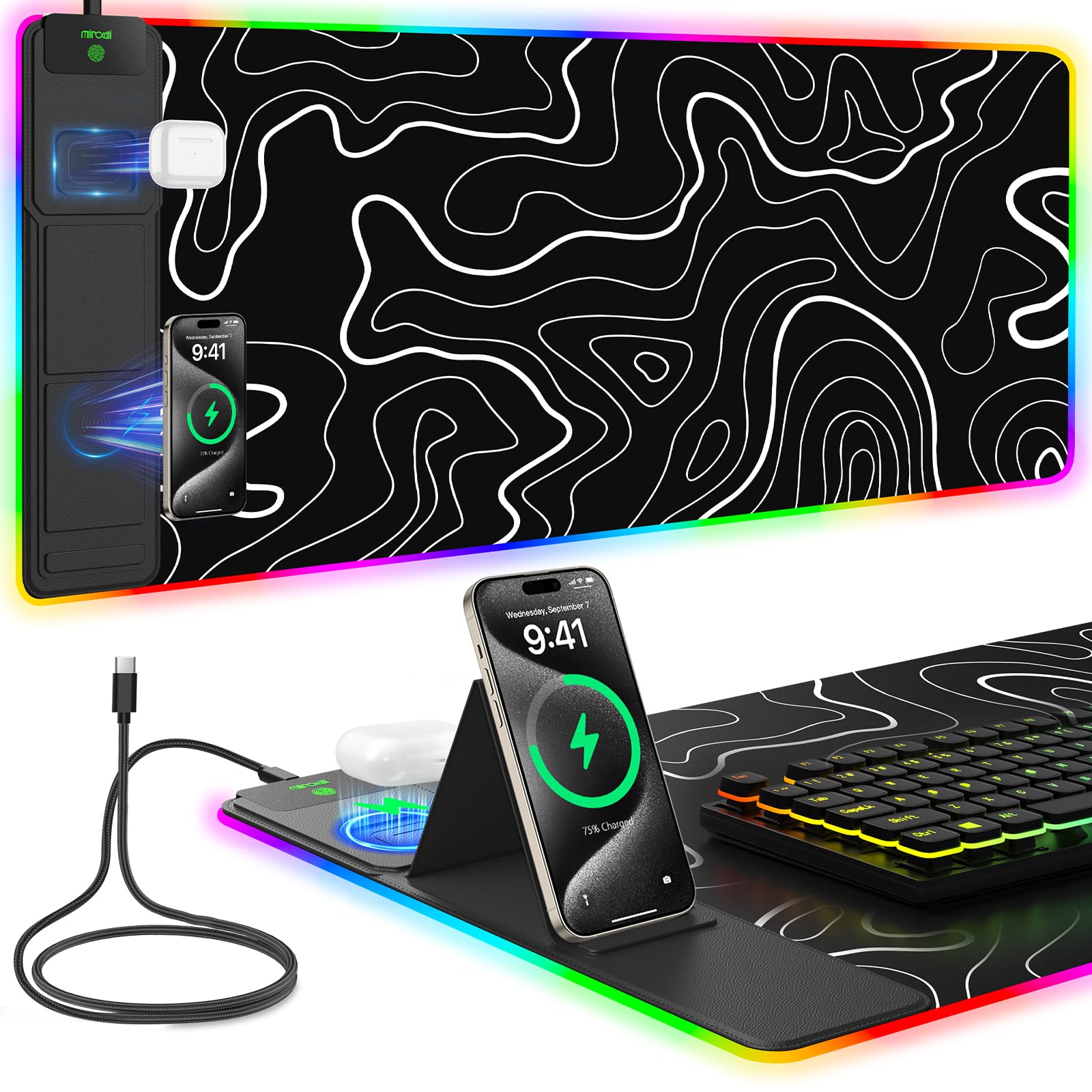 Mouse Pad with Foldable Phone Holder &amp; Wireless Charger, XXL RGB Gaming Mousepad 31.5"x15.8" Large Desk Mat for Keyboard, Black Desk Pad with Dual Qi Charging Station | 11 Colors 5 Modes | Waterproof