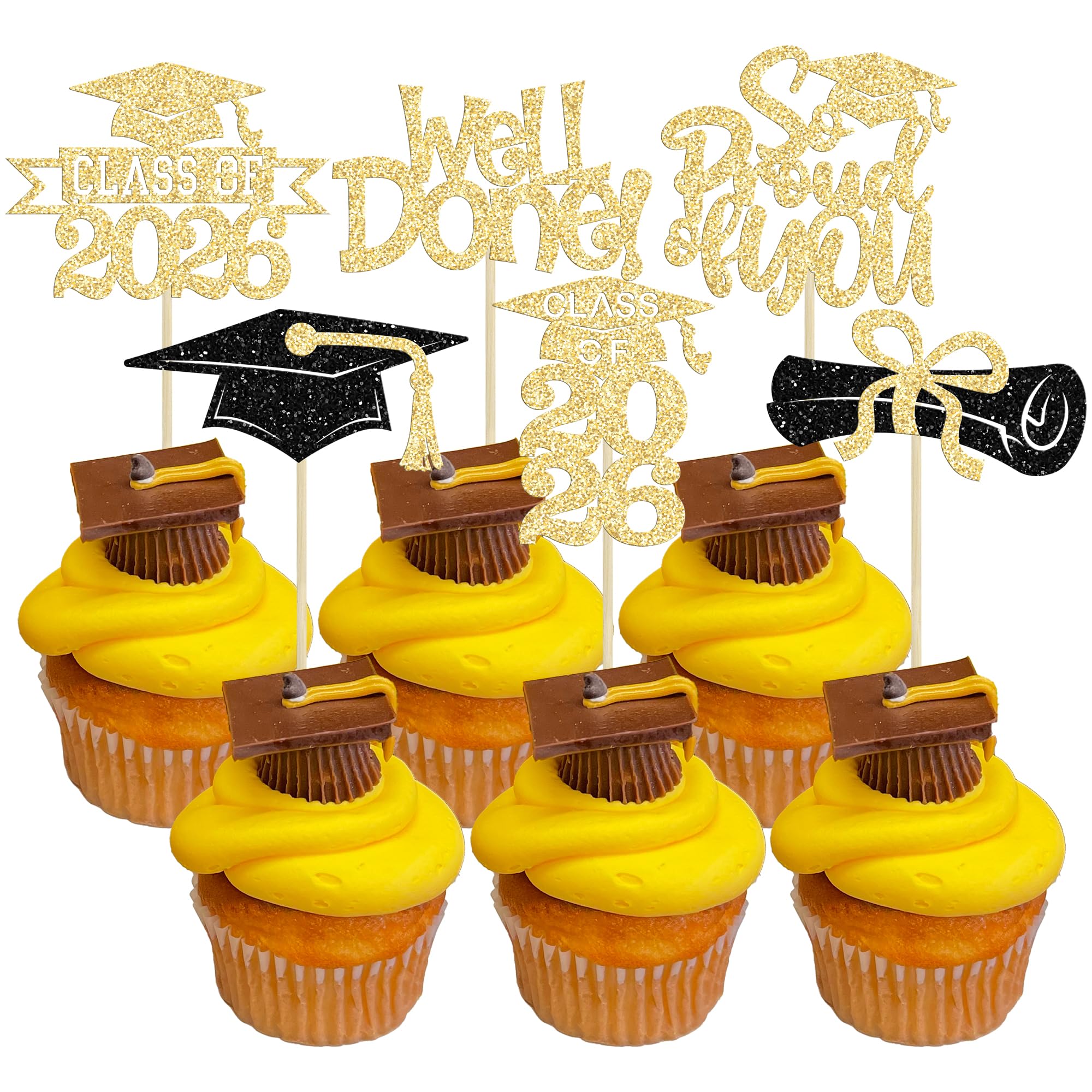 Gyufise 24Pcs Congrats Grad 2026 Cupcake Toppers Glitter 2026 Graduation Done Diploma Cupcake Picks Class of 2026 Cupcake Decorations for 2026 Graduation Theme Party Supplies Gold