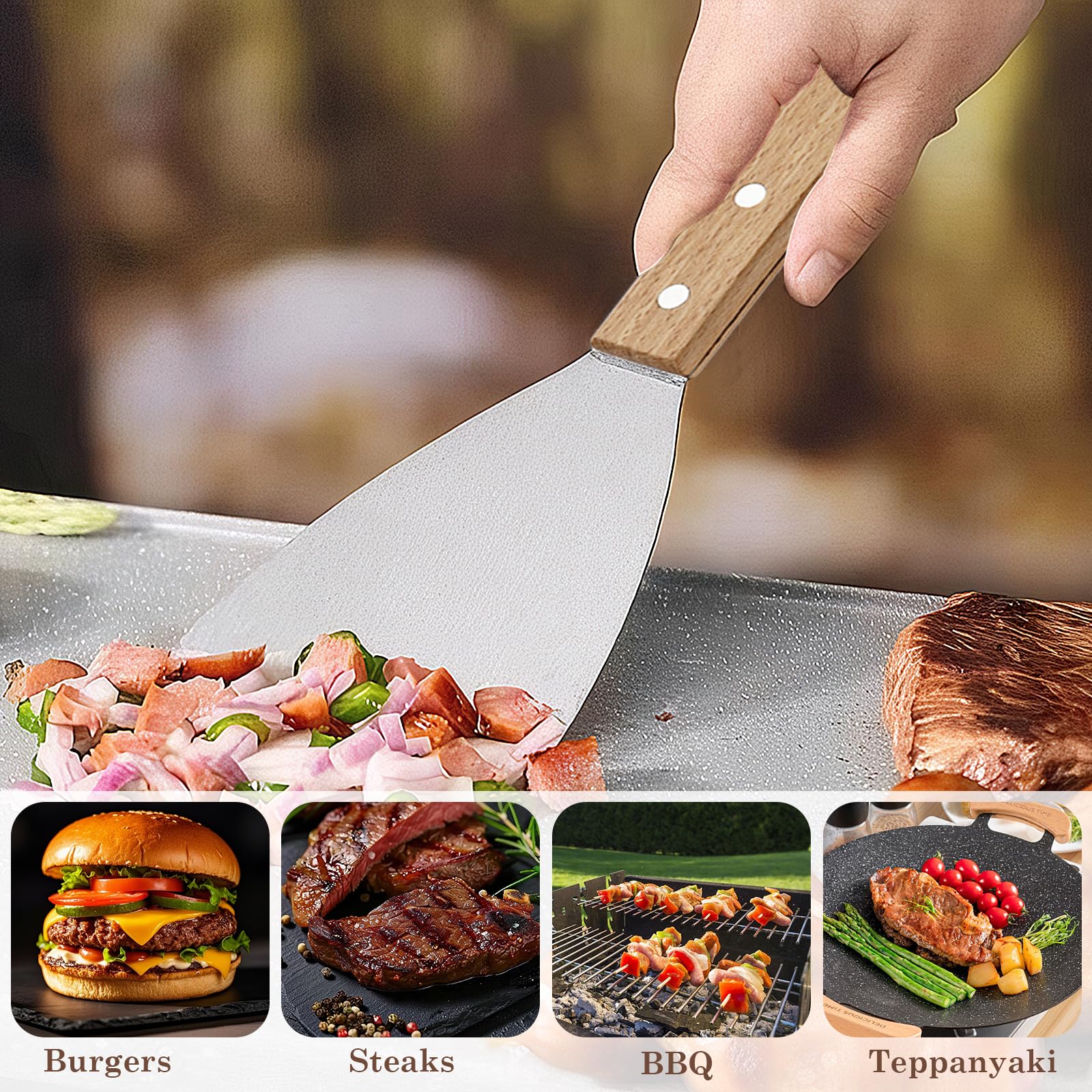 Set di Spatole per Griglia, Spatola Plancha, Raschietto per Impasto, Barbecue Spatola Accessori Ideale per Teppanyaki Campeggio, 3 pezzi