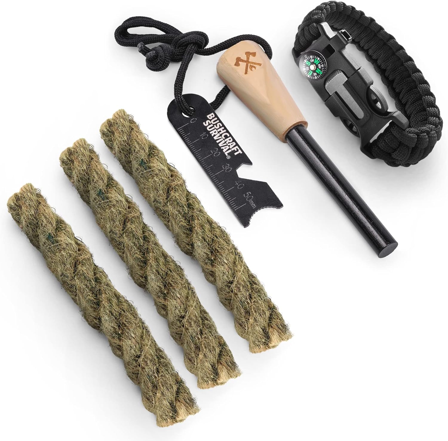 Ferro Rod Fire Starter Survival Tool | Flint and Steel w/Paracord Bracelet Compass & Whistle + 3 PK Extra Large Natural Tinder Fire Starting Ropes