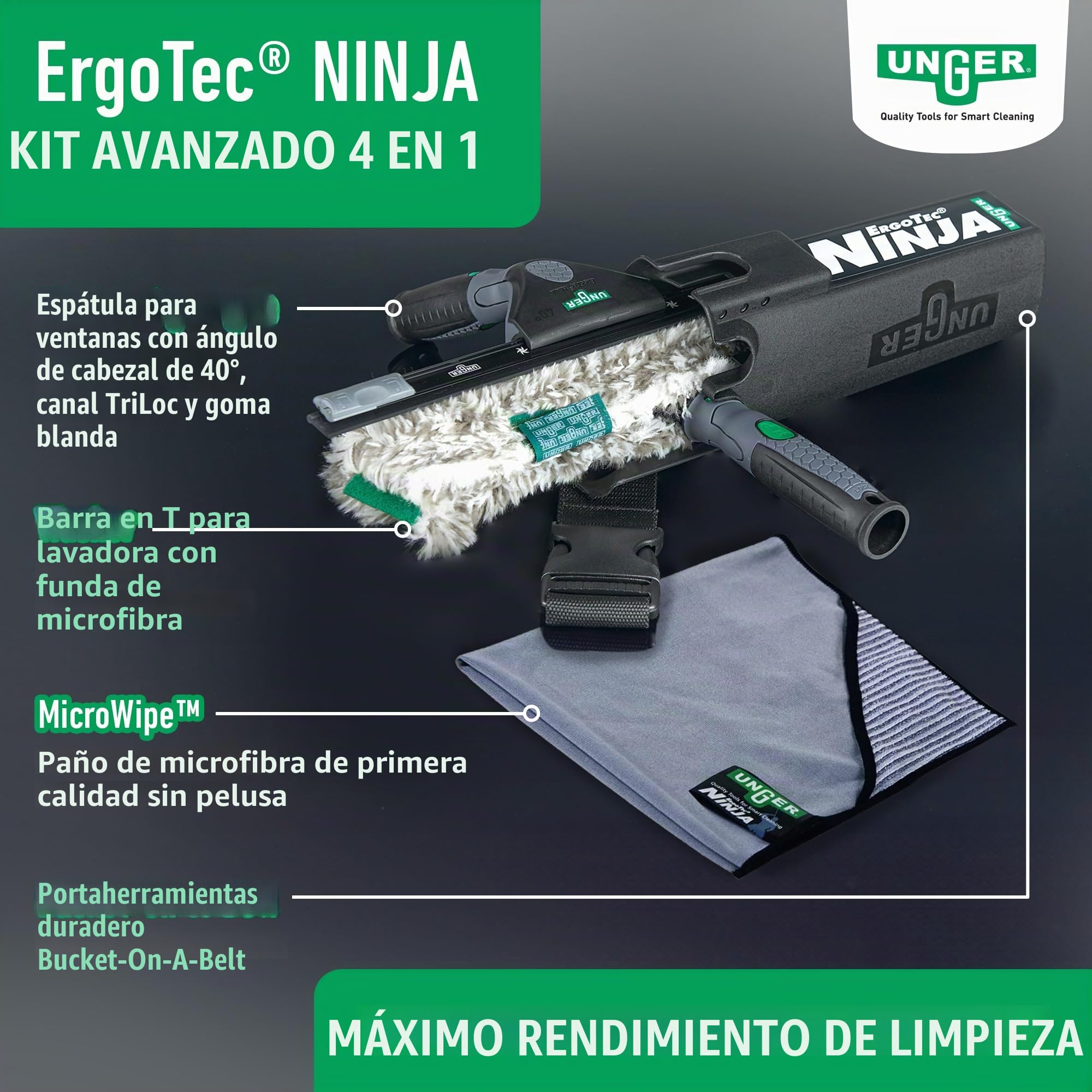 Unger Ninja Premium Glass Cleaner Set (Productos de alto rendimiento para limpieza profesional de cristales, 4 piezas) AKN12