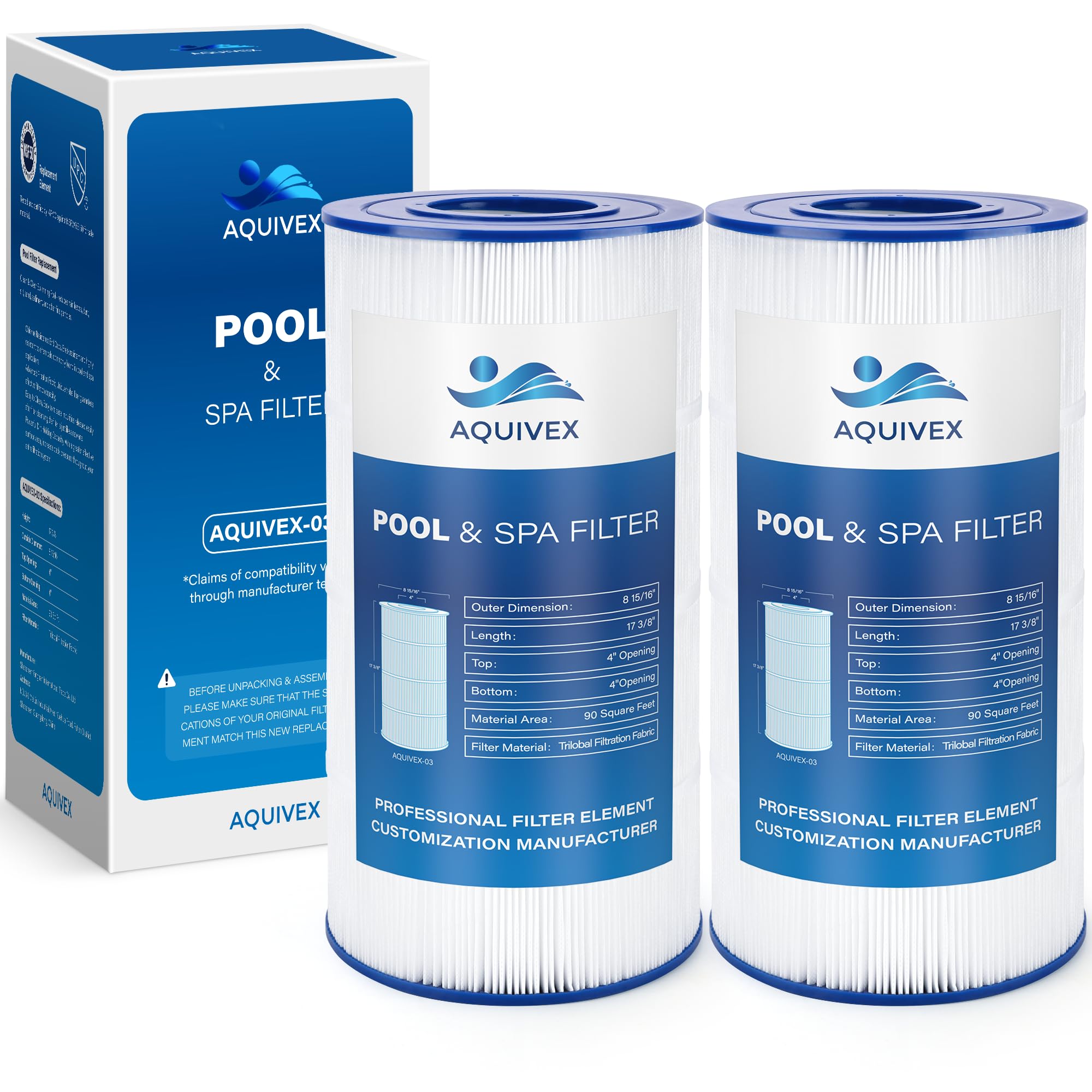 AQUIVEX PLF90A Pool Filter, Compatible with Hayward C900, CX900RE, Pleatco PA90, Unicel C-8409, Filbur FC-1292, Sta-Rite PXC95, L x OD: 17 3/8" x 8 15/16", 90 Sq.ft, 2 Pack-picture-10
