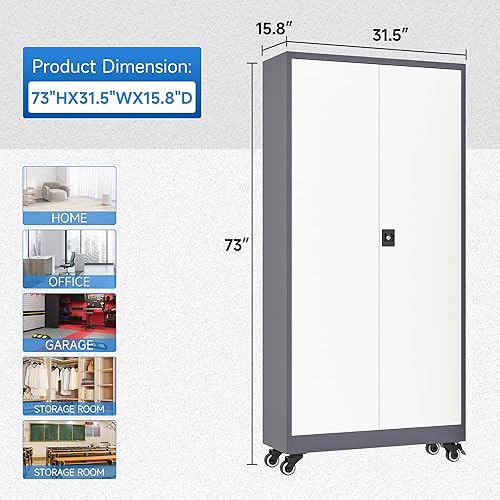 Miniatura 3 de heycode Gabinete de almacenamiento con bloqueo de metal con 2 puertas y 4 estantes ajustables armarios de almacenamiento de garaje de acero de 71