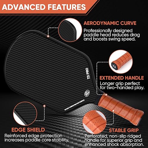 Miniatura 3 de Paleta de pickleball - Superficie de fibra de carbono cruda 3K (CFS) + superficie de abrasión de carbono (CAS) con grano alto y giro, mango alargado