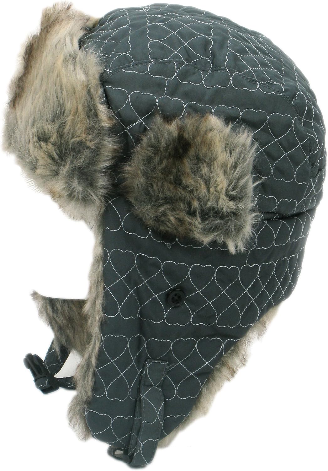 Ladies Trapper Hat with Heart Pattern & Faux Fur Trim (Dark Grey 58cm