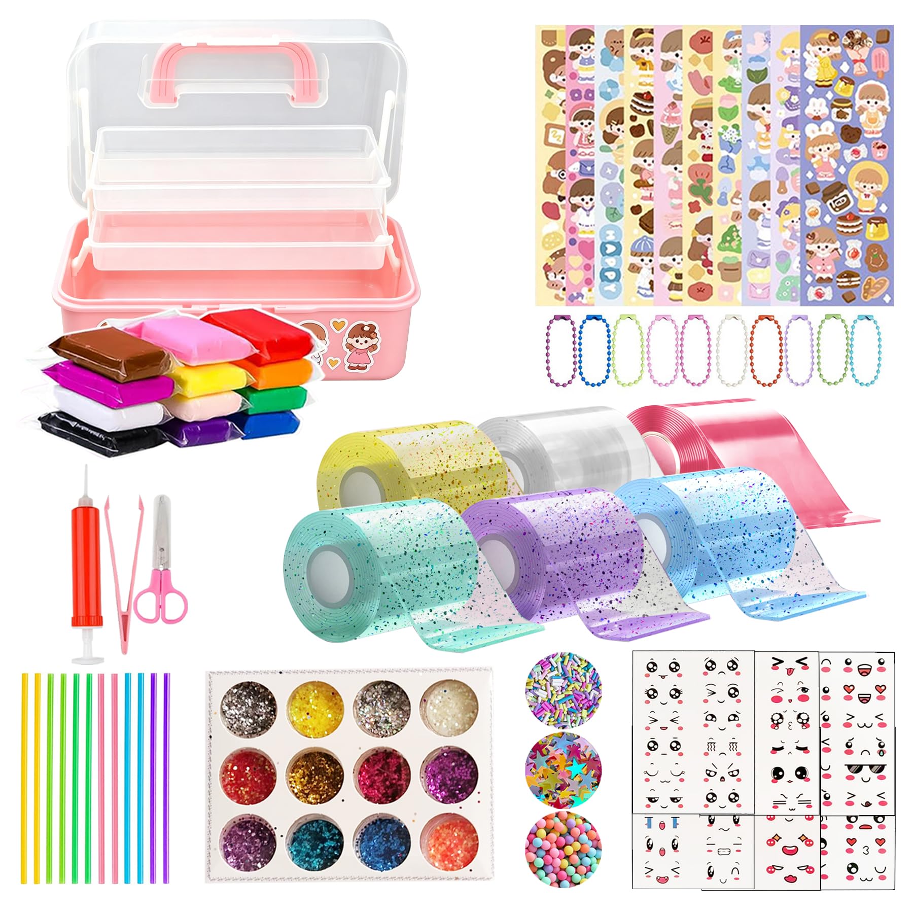 Eodysoi Nano Tape Kit with Box, 73Pcs Nano Tape Magic Nanotape Bubbles Set for Making Bubbles with Pump Sequins Powder Stickers DIY Craft Double Sided Water Ball Squishy Kit for Party Gift