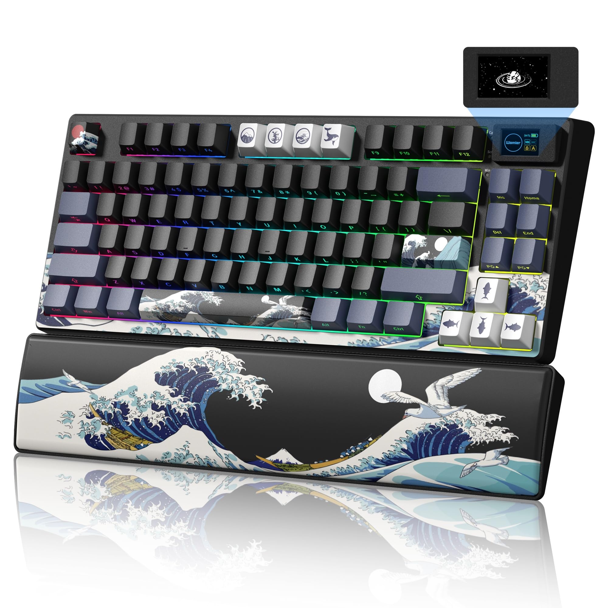 Womier 75% Wireless Mechanical Keyboard with Color Multimedia Screen Anime Gaming Creamy Keyboard, 3-Modes Hot Swappable Kanagawa Theme Key Board w/Wrist Rest, Gasket RGB Custom for Mac/Win (SK80 PRO)