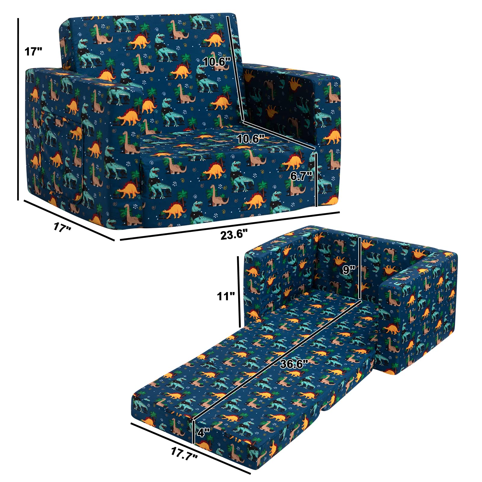 BEJOY - Divano letto pieghevole 2 in 1, poltrona per bambini,, per la cameretta, regalo di compleanno o per la giornata dei bambini, per bambine e bambini, blu marino con dinosauri