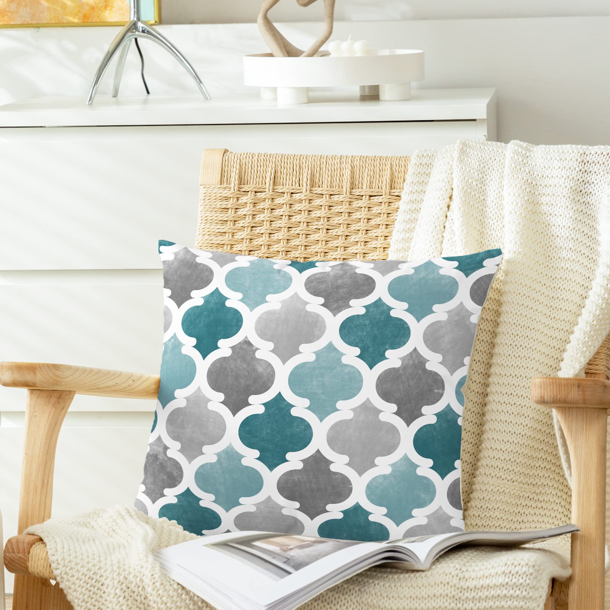 CaliTime Fleece Throw Pillow Covers – Pack Of 2, Geometric Trellis Design – 18x18 Inches, Sea Blue Grey For Couch & Bed Decor