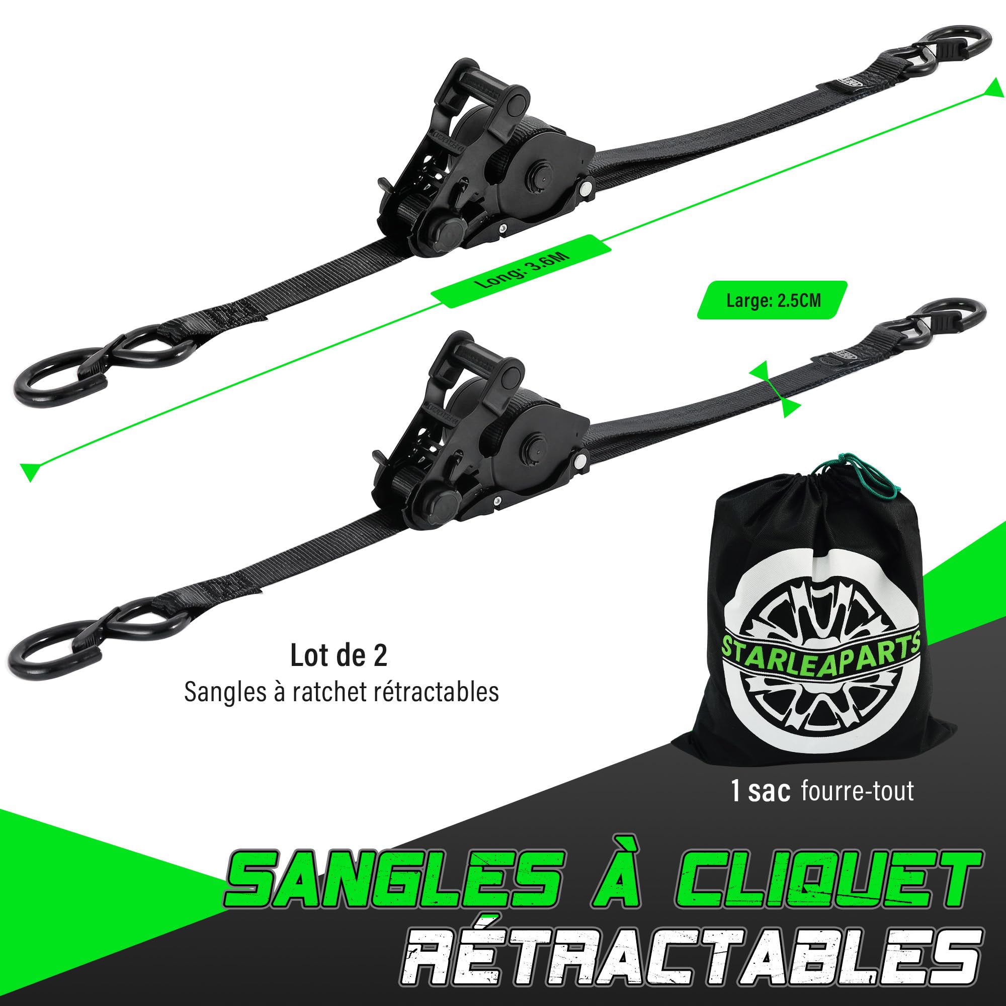 STARLEAPARTS 2 juegos de correas tensoras automáticas con gancho en S, enrollador automático de 3,6 m x 25 mm – 680 kg, resistencia a la rotura, correas tensoras retráctiles con trinquete para moto