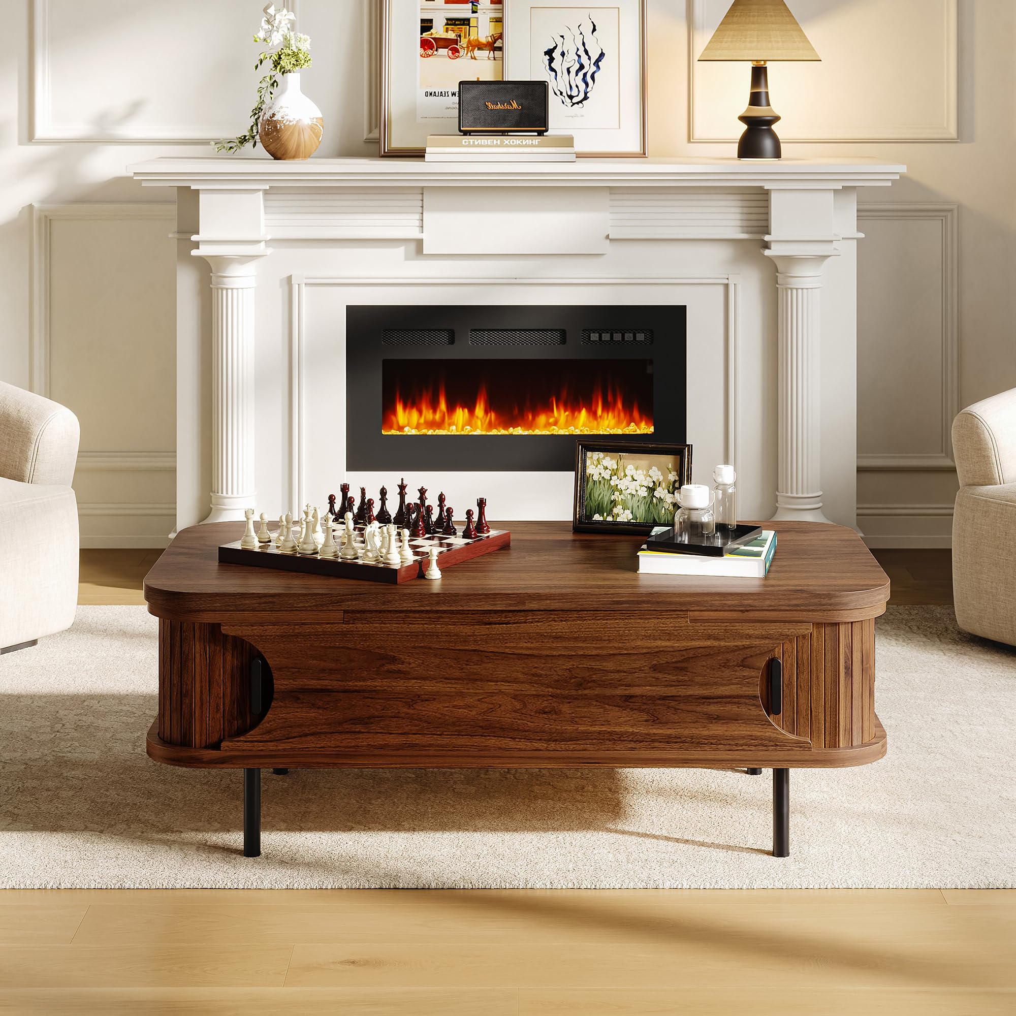 IRONCK Couchtisch höhenverstellbar, Wohnzimmertisch mit Stauraum, Holz Kaffeetisch mit Schiebetüren, verstecktes Fach, offenes Fach, für kleine Räume, Wohnzimmer, Homeoffice, 101x51x52cm, Walnüsse