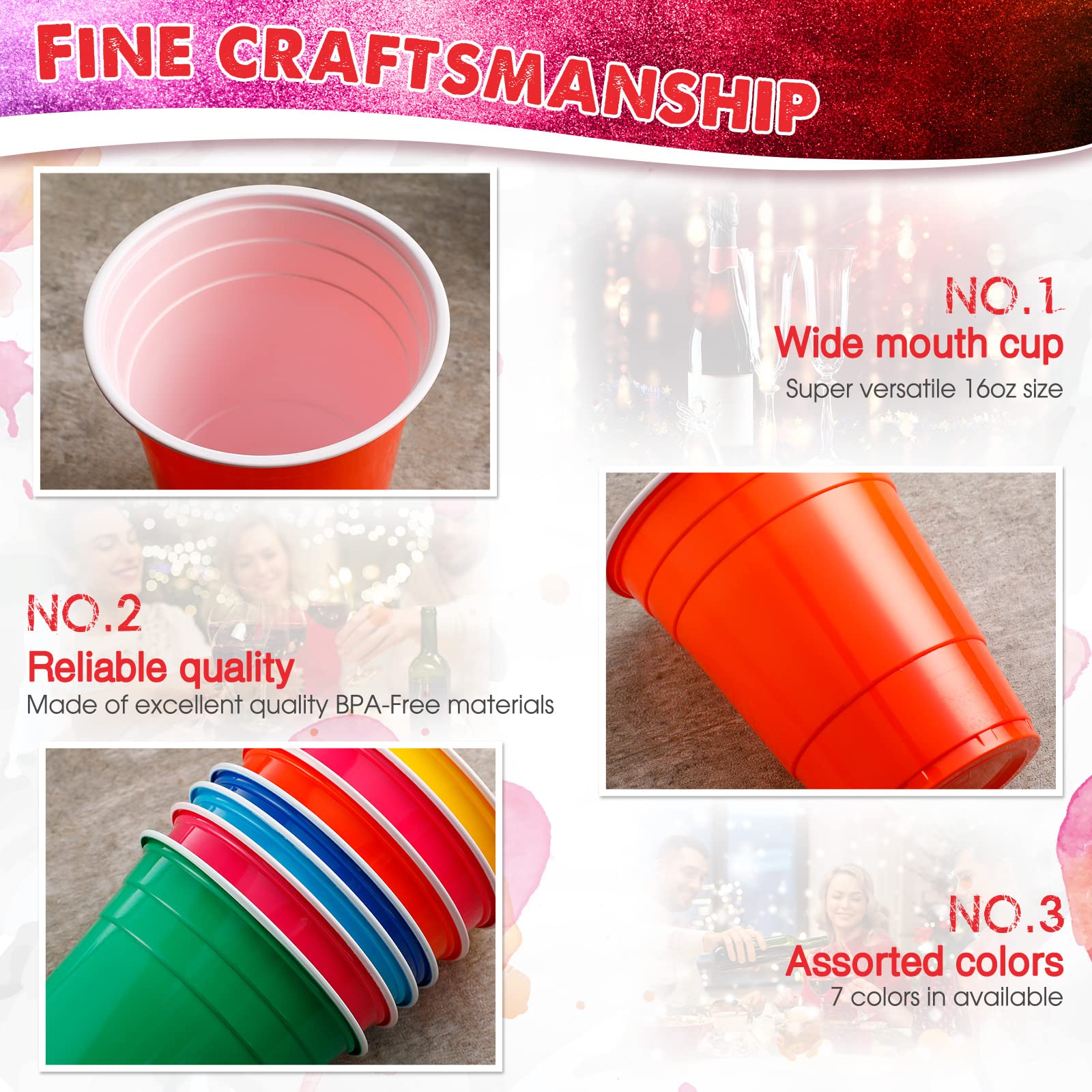 Xinnun 210 Stück Einweg-Kunststoffbecher in verschiedenen Farben, 473 ml, Partybecher für Party, Hochzeit, Weihnachten, besondere Anlässe
