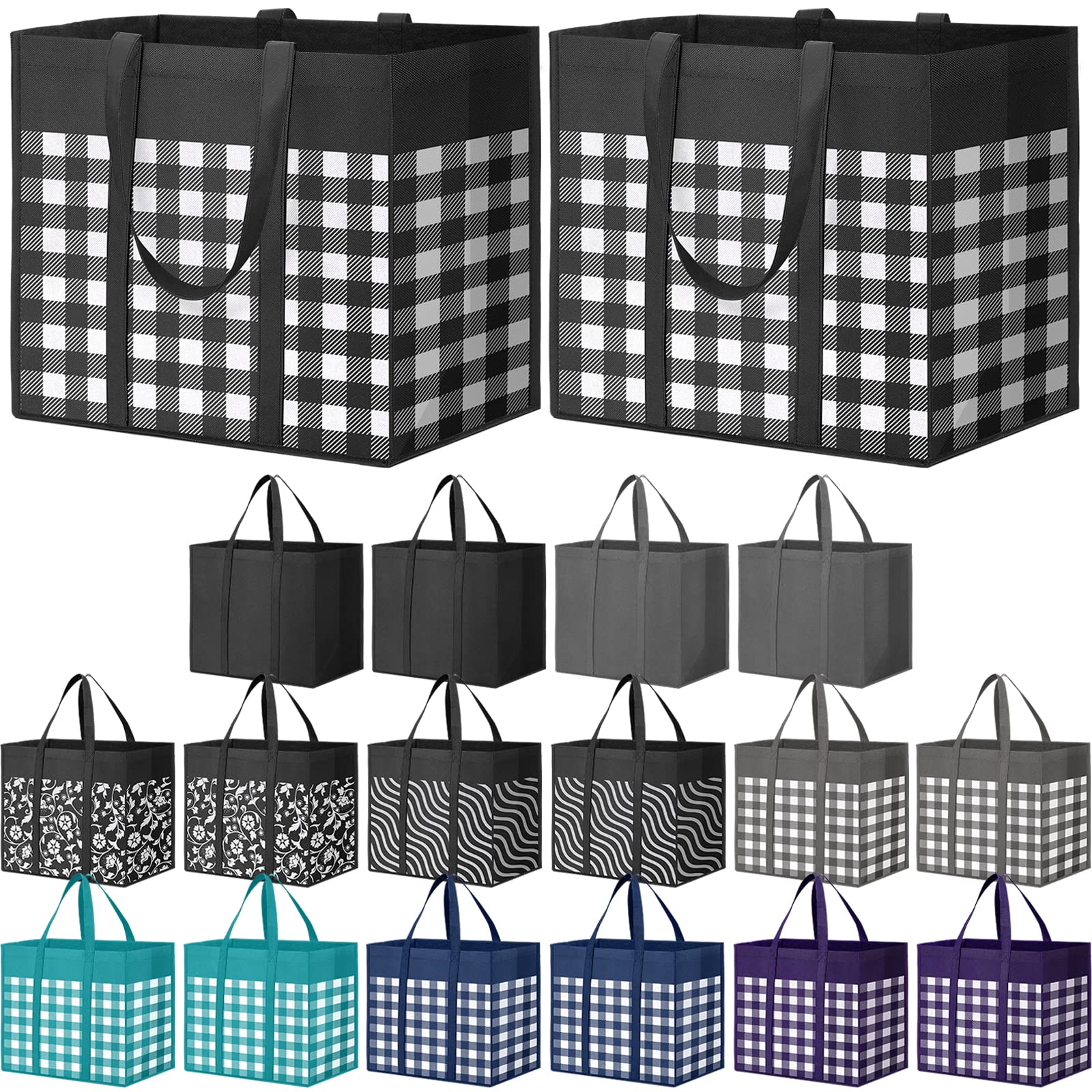 Reusable Grocery Bags 18-Pack, Large Foldable Reusable Shopping Tote Bags Bulk for Groceries, Waterproof Kitchen Cloth Produce Bags with Long Handles, Lightweight-Plaid Style F