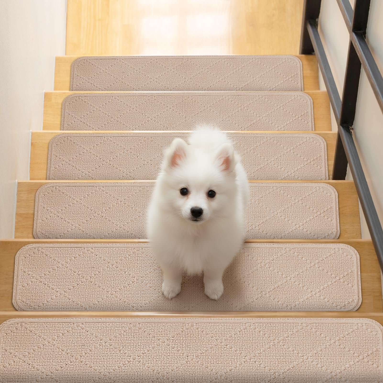 Alfombrillas para Escaleras Antideslizantes 76x20cm, 15 Alfombrillas Autoadhesivas Escalones Interiores, Recortables y Reutilizables - Protección para Mascotas, Mayores, Niños (Crema Beige)