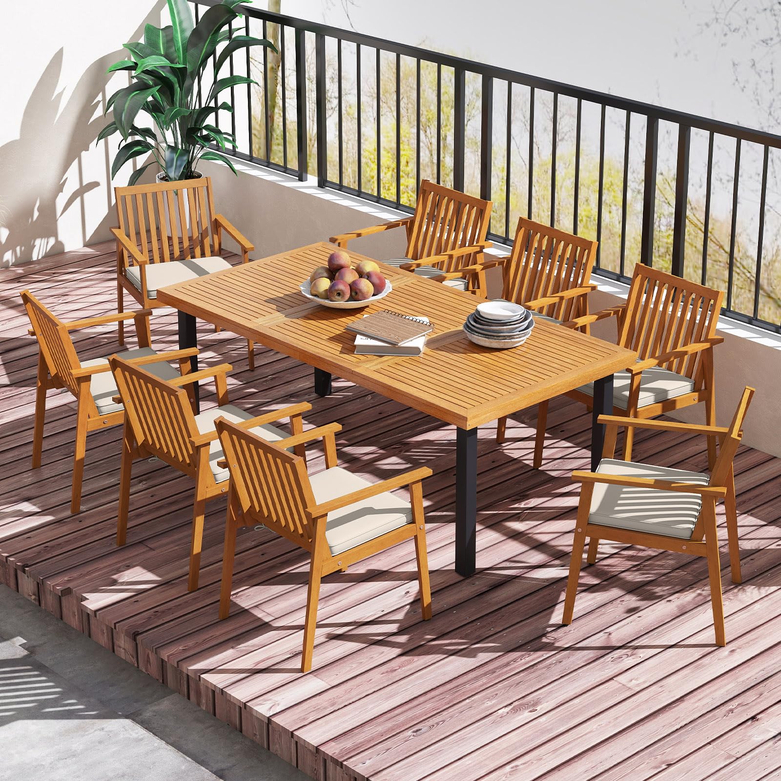 COSTWAY Gartenstühle Akazienholz 2er Set, Holzstühle mit Kissen und Armlehnen, Balkonstühle, 180 kg Tragfähigkeit, für Balkon, Garten, Terrasse (Natur)