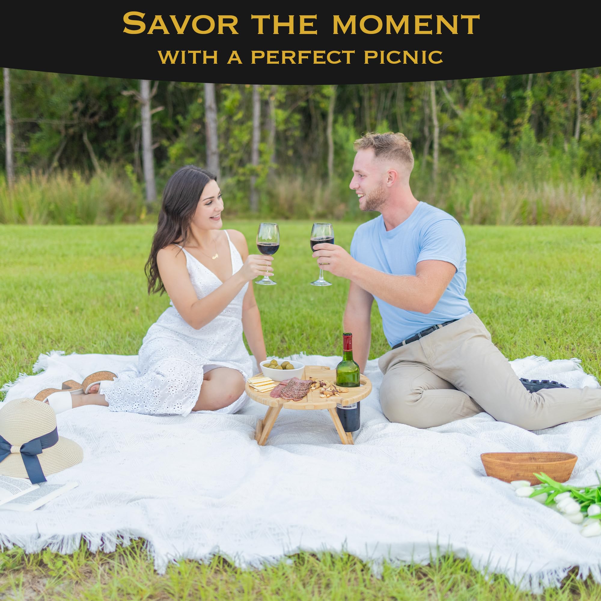 BREEZIFY Folding Portable Wine Picnic Table with Carry Bag, Clever Gifts for Women, Outdoor Picnic Accessories Essentials, Bamboo Mini Tray with Glass Holders for Indoor, Beach, Concert, Camping