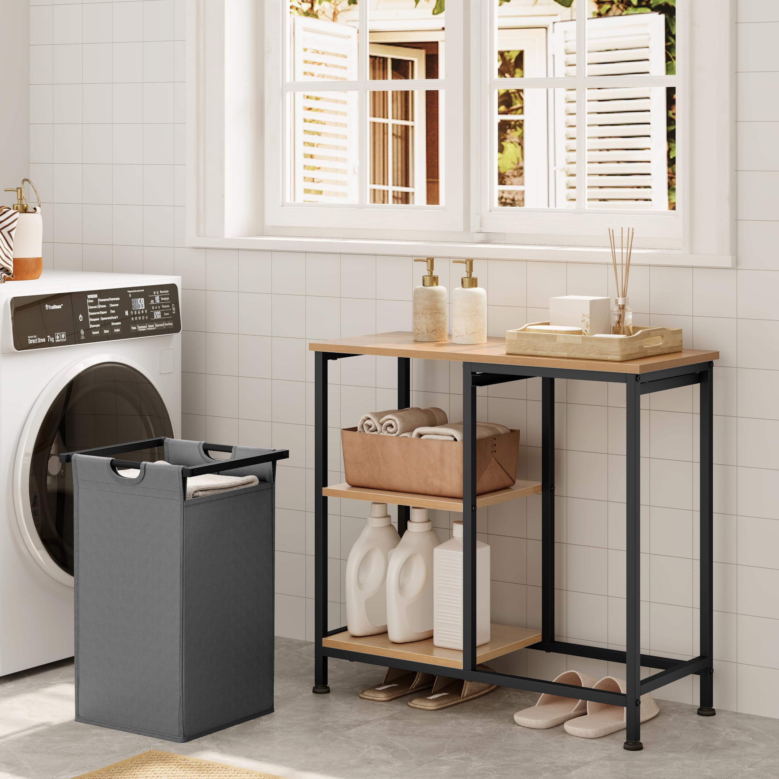 EUGAD Estanteria de Baño con Cesto para Ropa Sucia, Saco Extraíble, Mueble Lavandería de 3 Niveles, Cesta Ropa Sucia de Tela Oxford 31 L, 70x30x65 cm