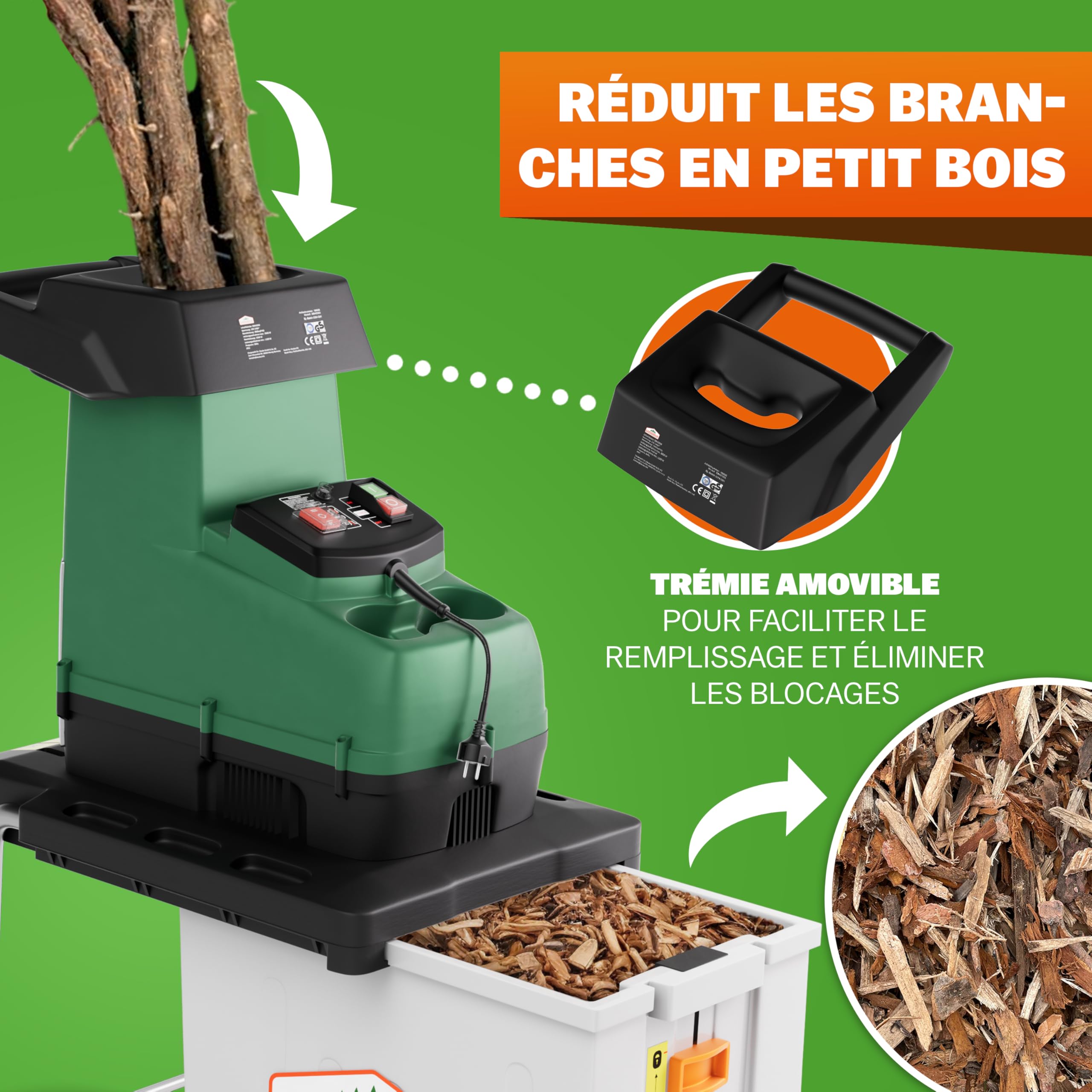 GARDEBRUK® Broyeur de végétaux électrique 3.100W Max. 45mm Sac 60L broyeur à Rotor broyeur végétaux Silencieux à Rouleau broyeur de Jardin déchets Verts