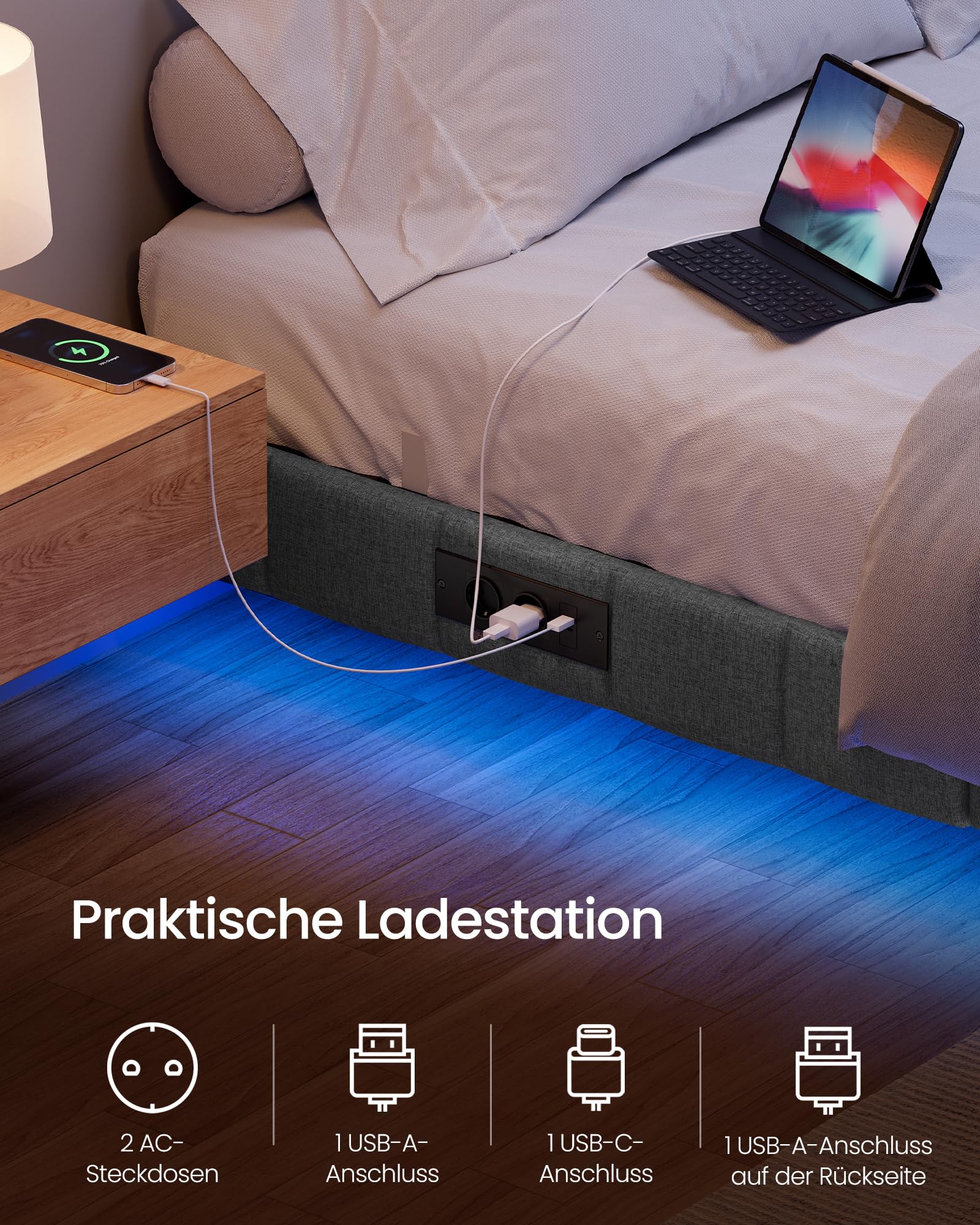 VASAGLE Bettgestell 140 x 200 cm, schwebender Effekt, LED-Beleuchtung, gepolsterte Seitenwände, 2 AC-Steckdosen, 2 USB-A-Anschlüsse, 1 USB-C-Anschluss, bis 500 kg belastbar, schiefergrau RMB164G101