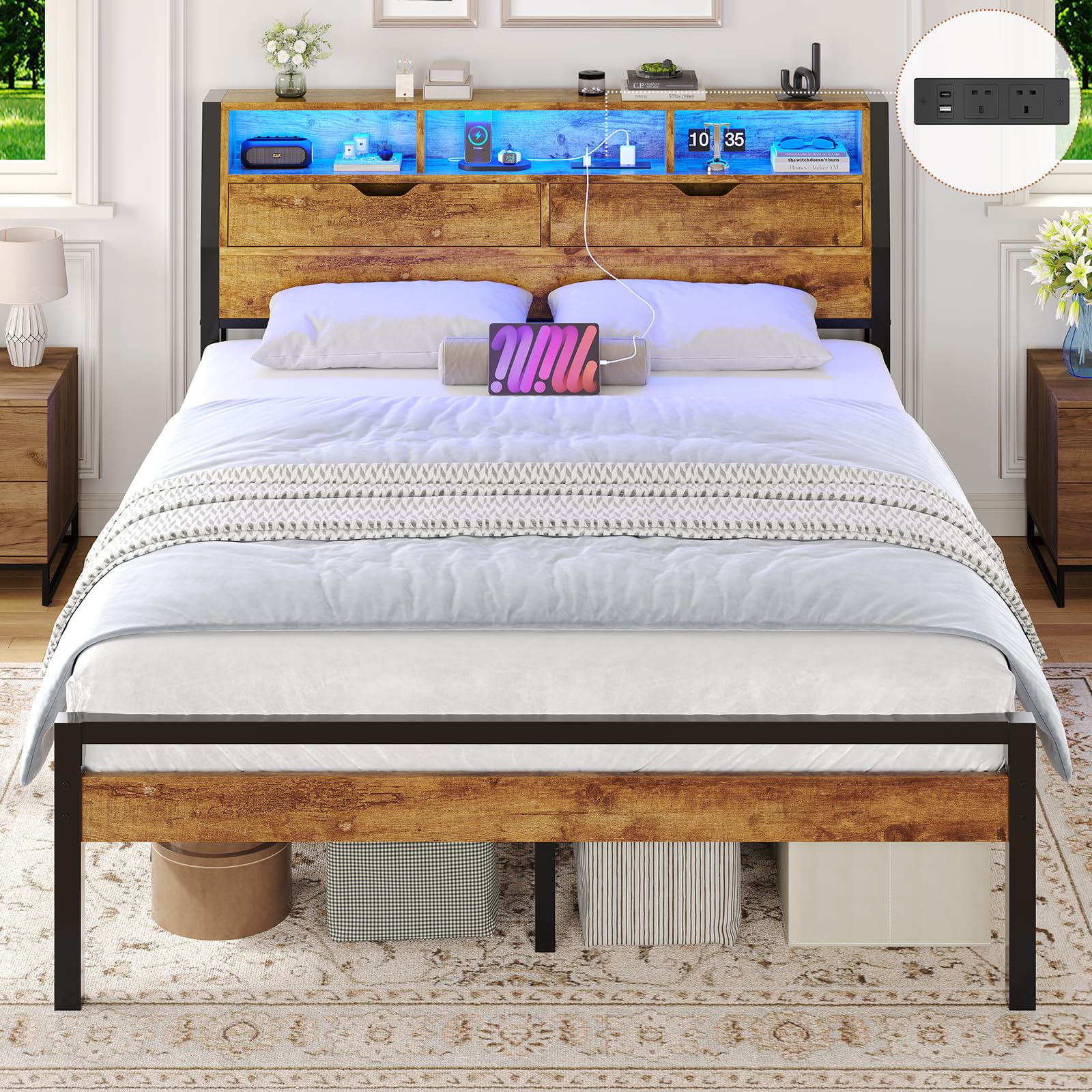 Brinlawb Double Bed Frame with Power Strip & LED Lights, Stable and Sturdy Metal Double Bed Frame with Wooden Headboard -2 Door Storage Compartments, 135x190cm Platform Bed Frame, No Box Spring Needed