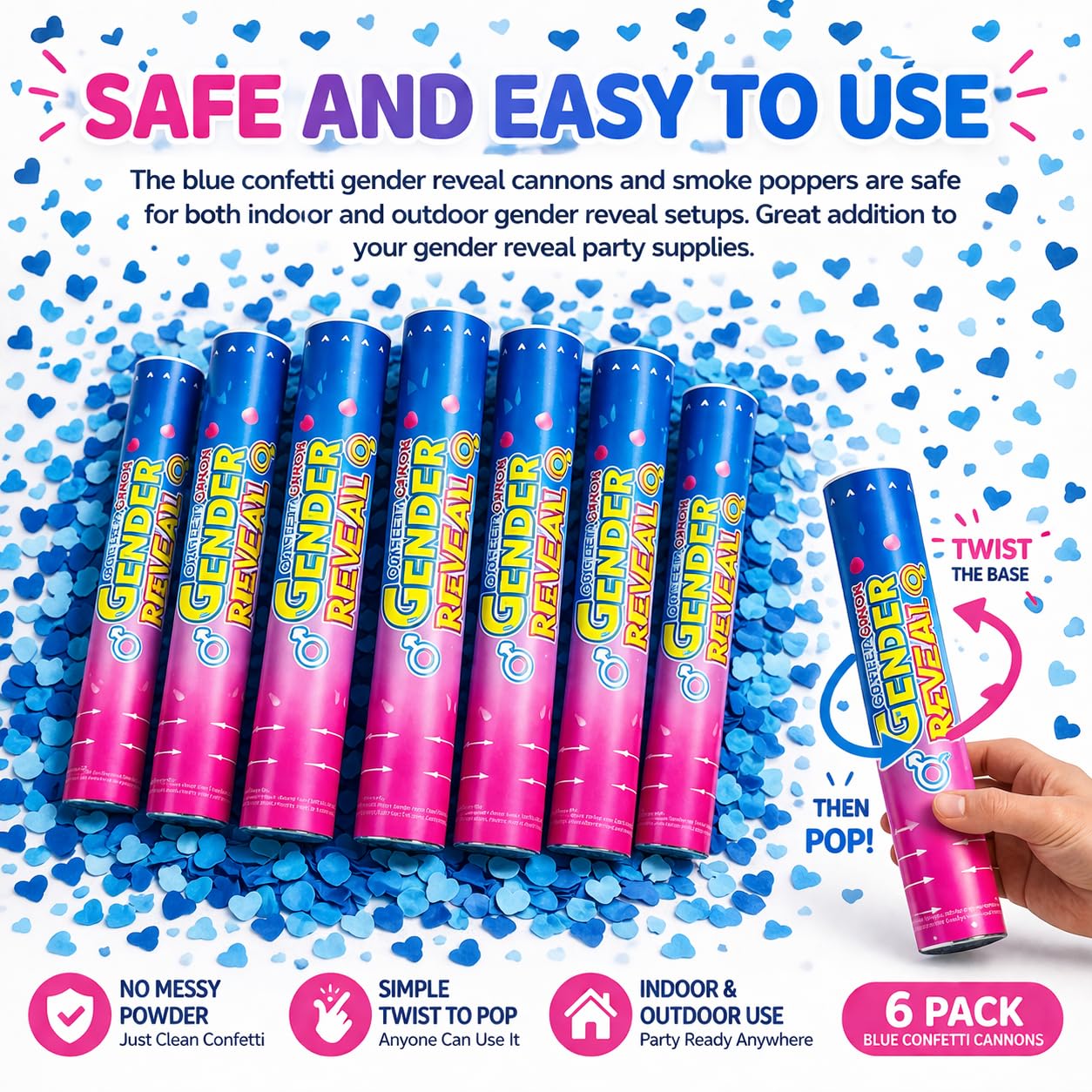 Gender Reveal Konfetti Kanonen - 6 Pack Blau Party Poppers - Baby Boy Gender Reveal Cannon Kit mit herzförmigem Konfetti - Easy Twist Shooters für Baby Reveal Party Dekorationen